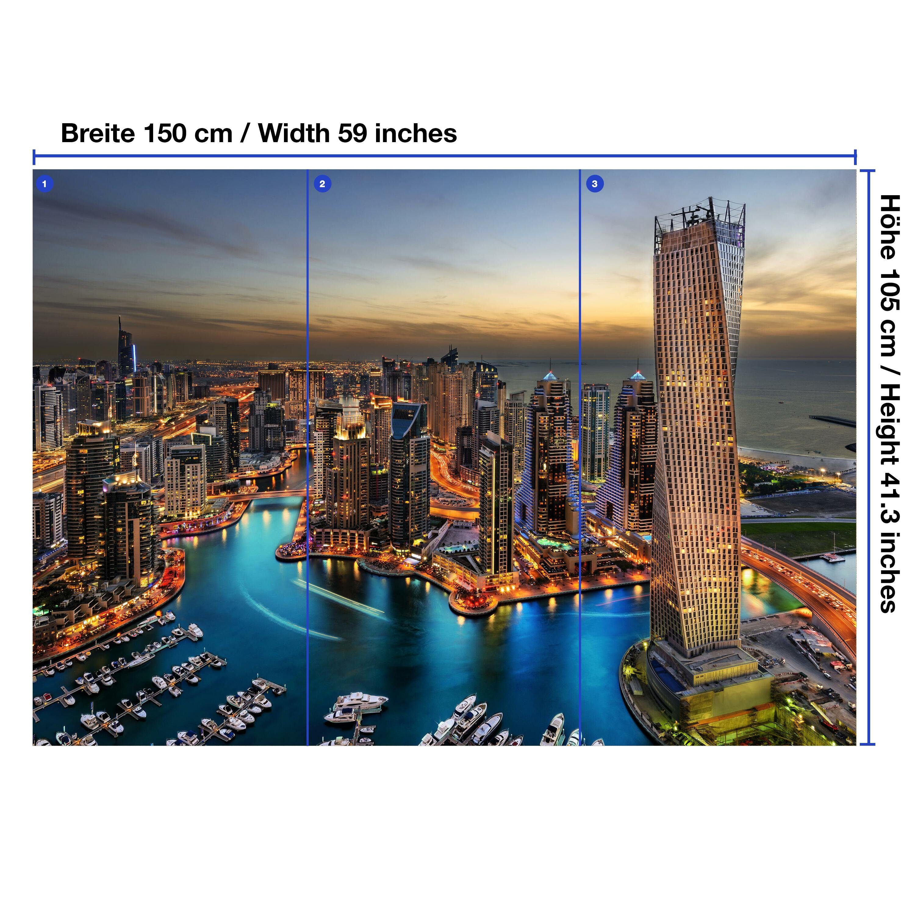 matt, Wandtapete, Vliestapete Motivtapete, Hafen, Fototapete Skyline glatt, wandmotiv24 Nacht Dubai