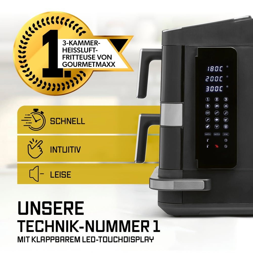 GOURMETmaxx Heißluftfritteuse GOURMETmaxx Heißluft-Fritteuse 2800W schwarz Doppelkorb vertikal 4l + 6l mit Pizzafach, 2800 W, Heissluftfritteuse XXL, ohne Öl, für Fritteusen Pizza etc.