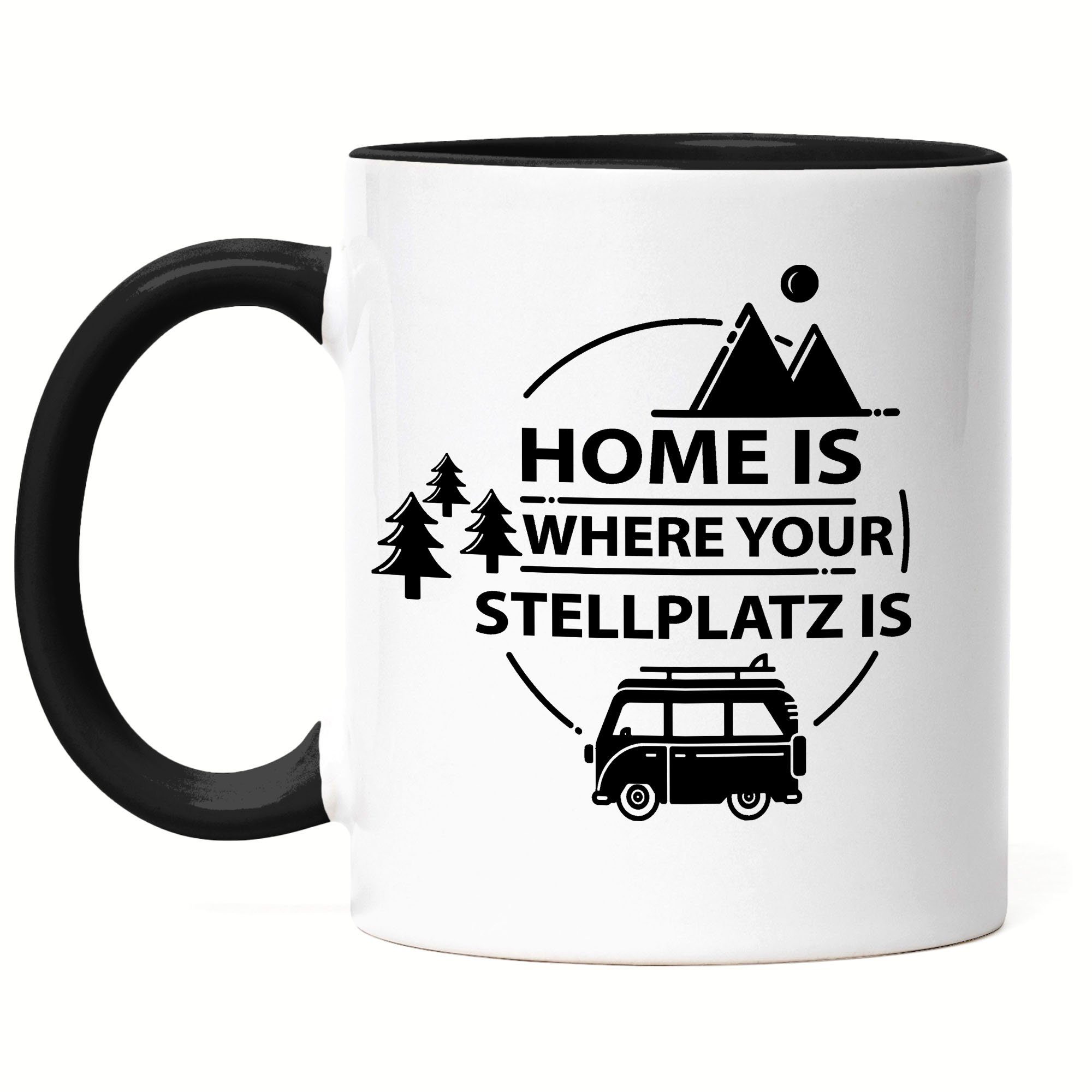 Hey!Print Tasse Camping Tasse mit Spruch Lustig Home is where the Stellplatz is Geschenk Camper Womo Wohnmobil Kaffeetasse Schwarz | Tassen