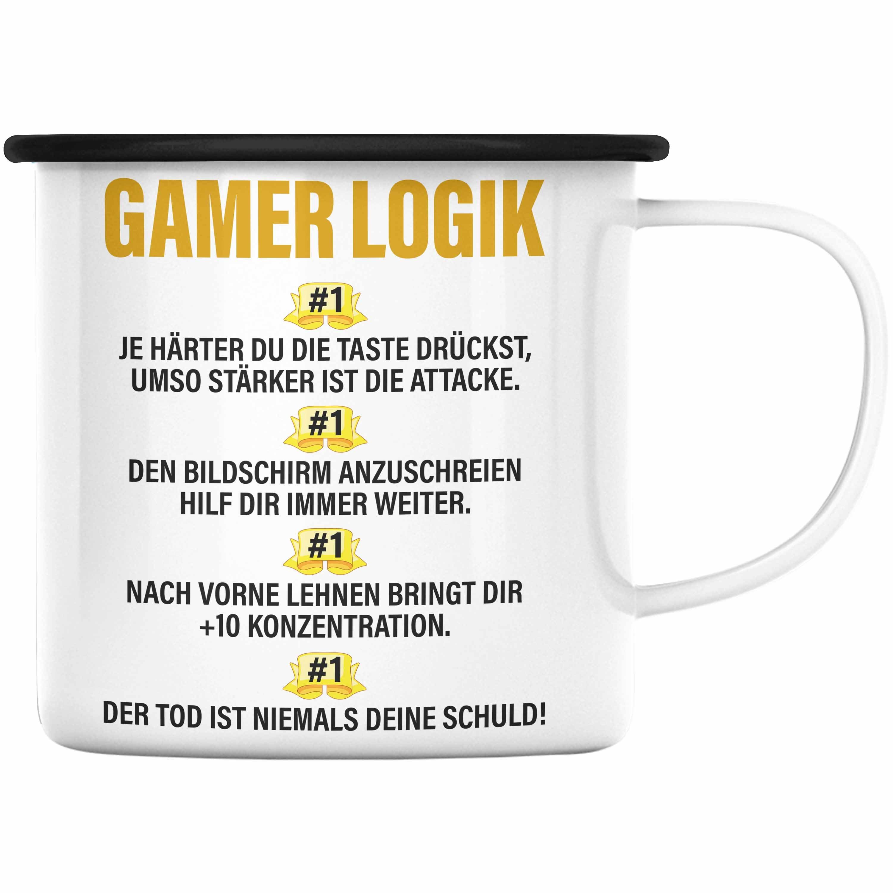 Trendation Thermotasse Trendation - Gamer Emaille Tasse Geschenk Jungs Jungen Zocker Mitbringsel Männer Emaille Tassen Zocken Gaming Geschenkideen PC Kinder Zubehör Spruch Lustig Schwarz