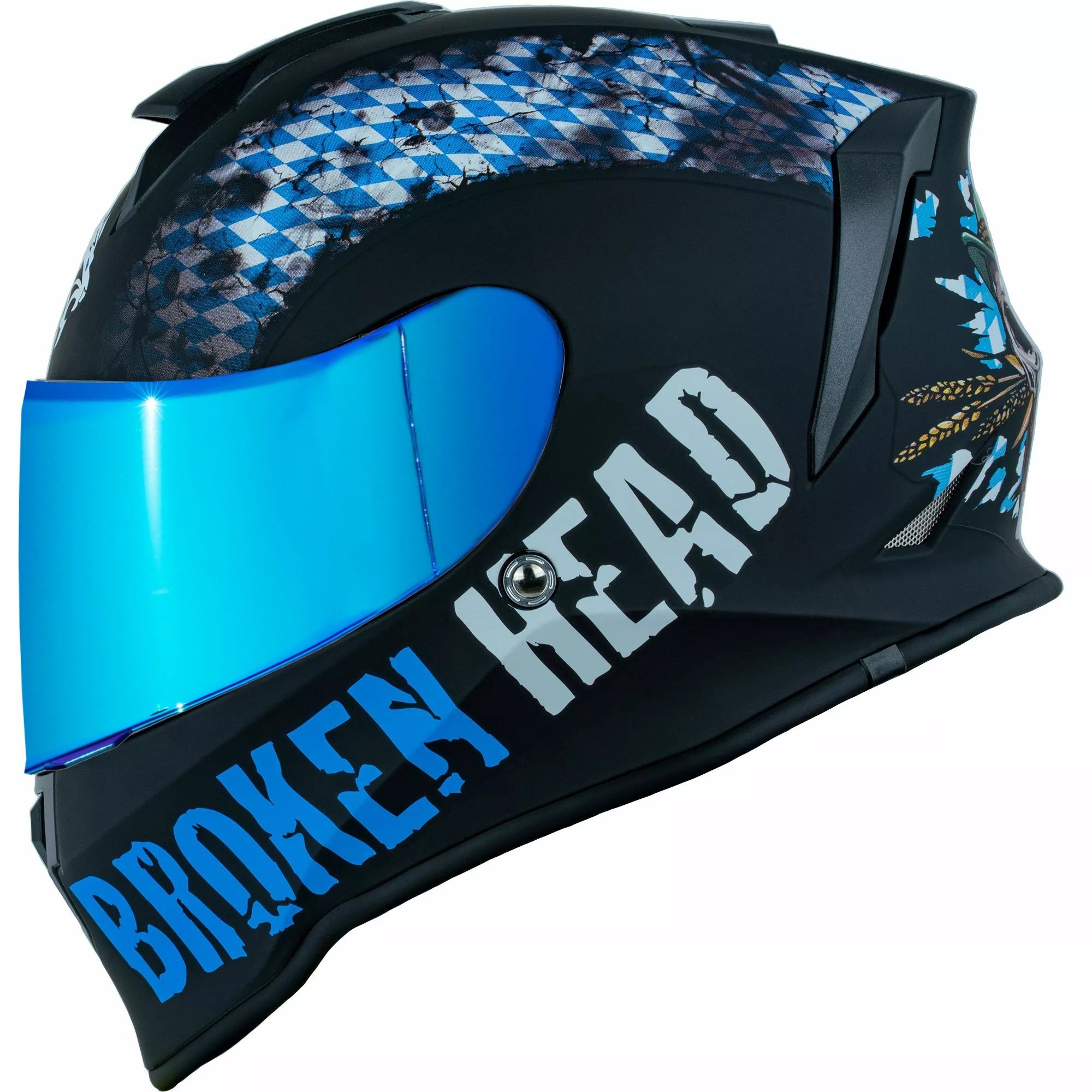 Broken Head Motorradhelm Bavarian Patriot Ltd., Mit Blau verspiegeltem Visier, Für waschechte Bayern!