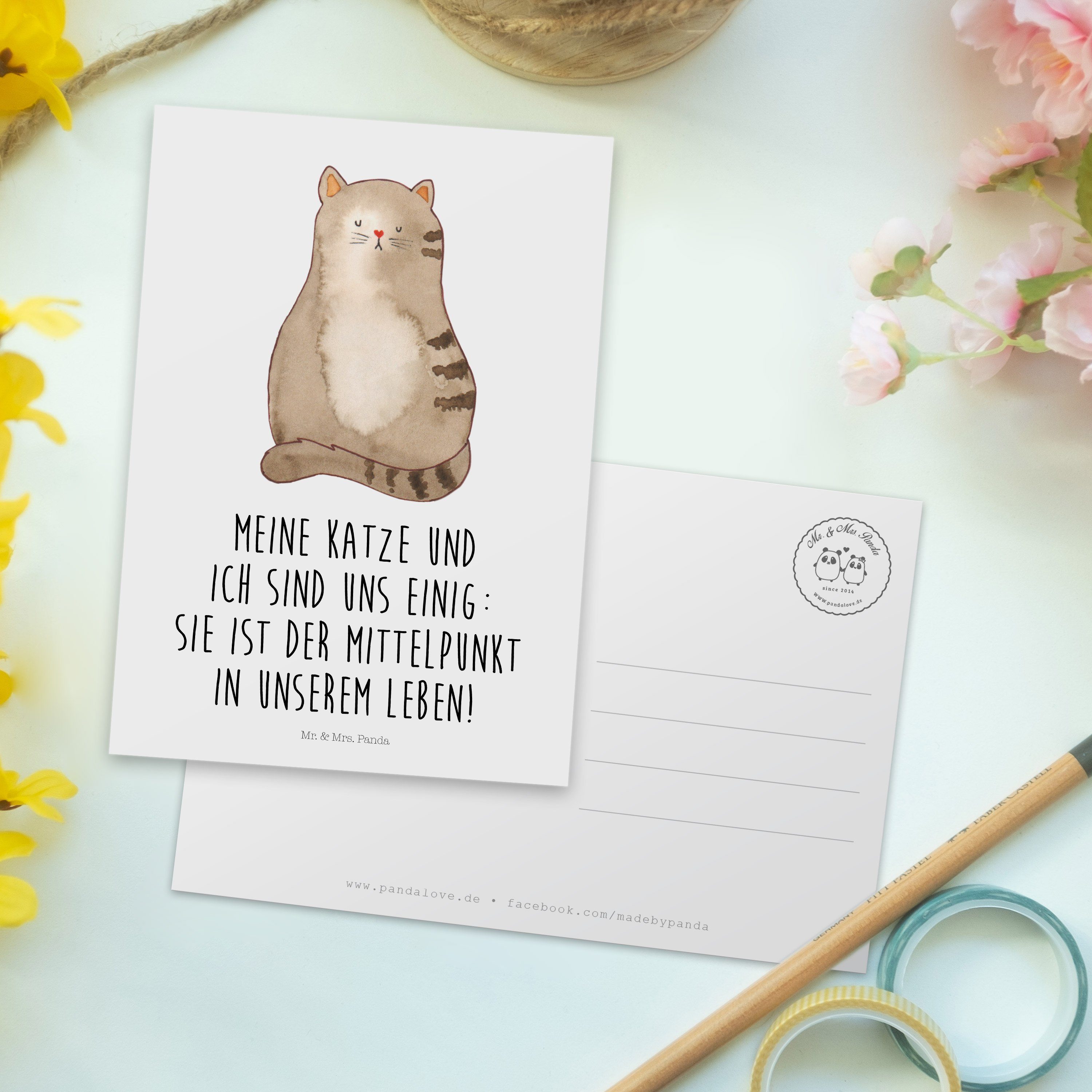 sitzend & - Postkarte Weiß Katze - Mr. Mrs. Geschenk, Kater, Katzensouvenir Panda Ansichtskarte,