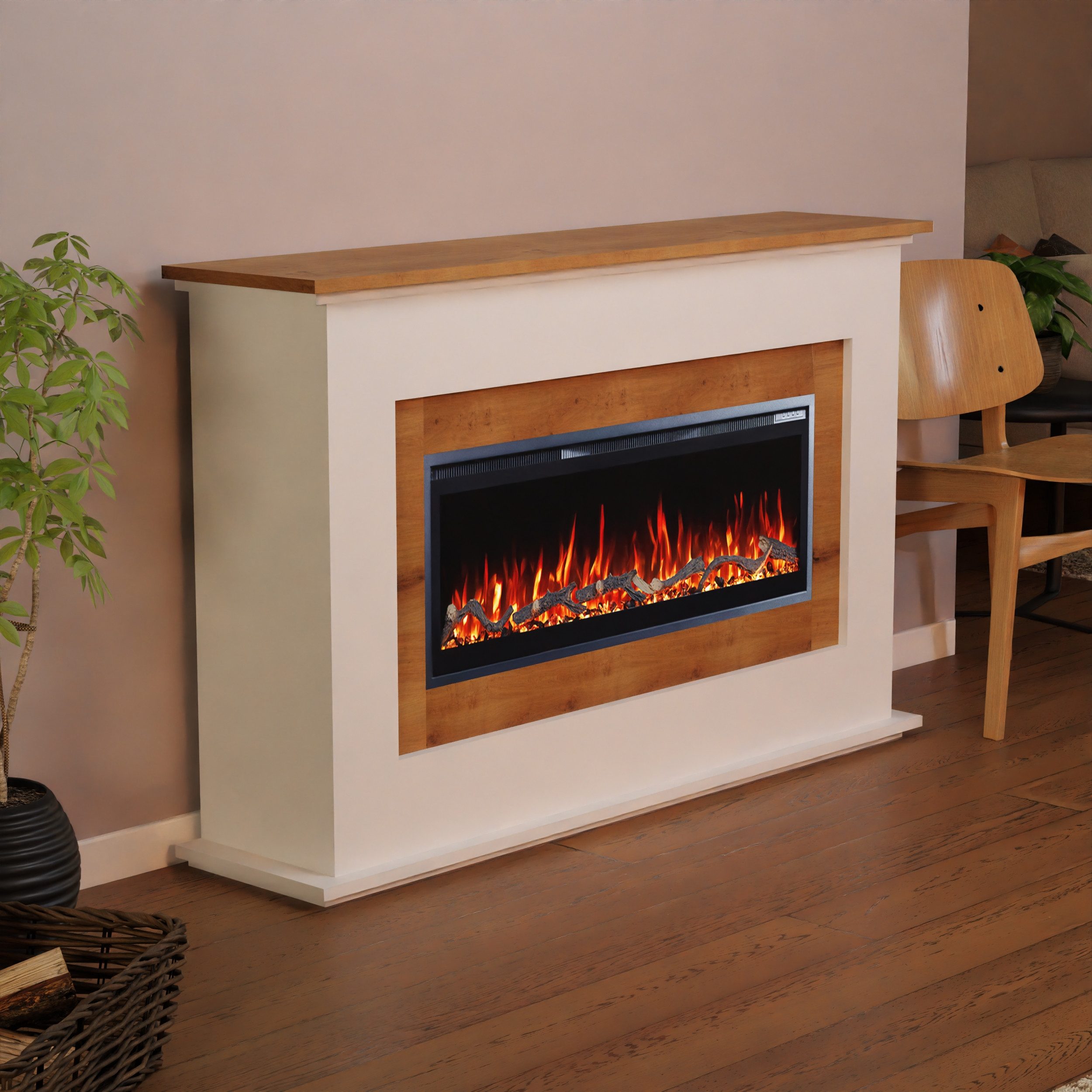 GLOW FIRE Elektrokamin Rhea OAK LED Kamin mit Heizung, Elektrischer Kamin mit 3D Feuer mit Heizung, 2 Dekorationen