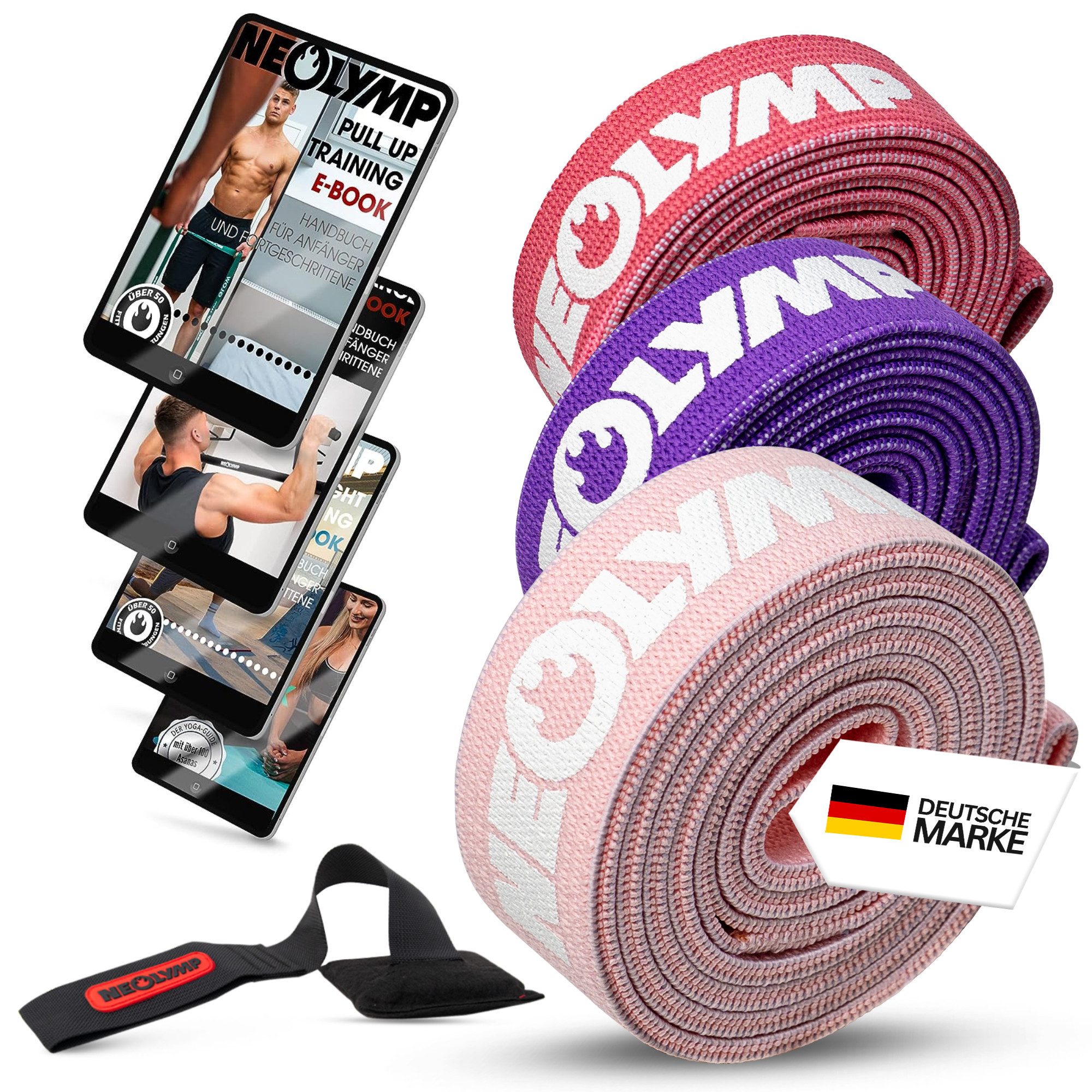 NEOLYMP Trainingsband Fitnessbänder lang aus Stoff Pink Edition, komfortabel, inkl. E-Book, langlebig, waschbar