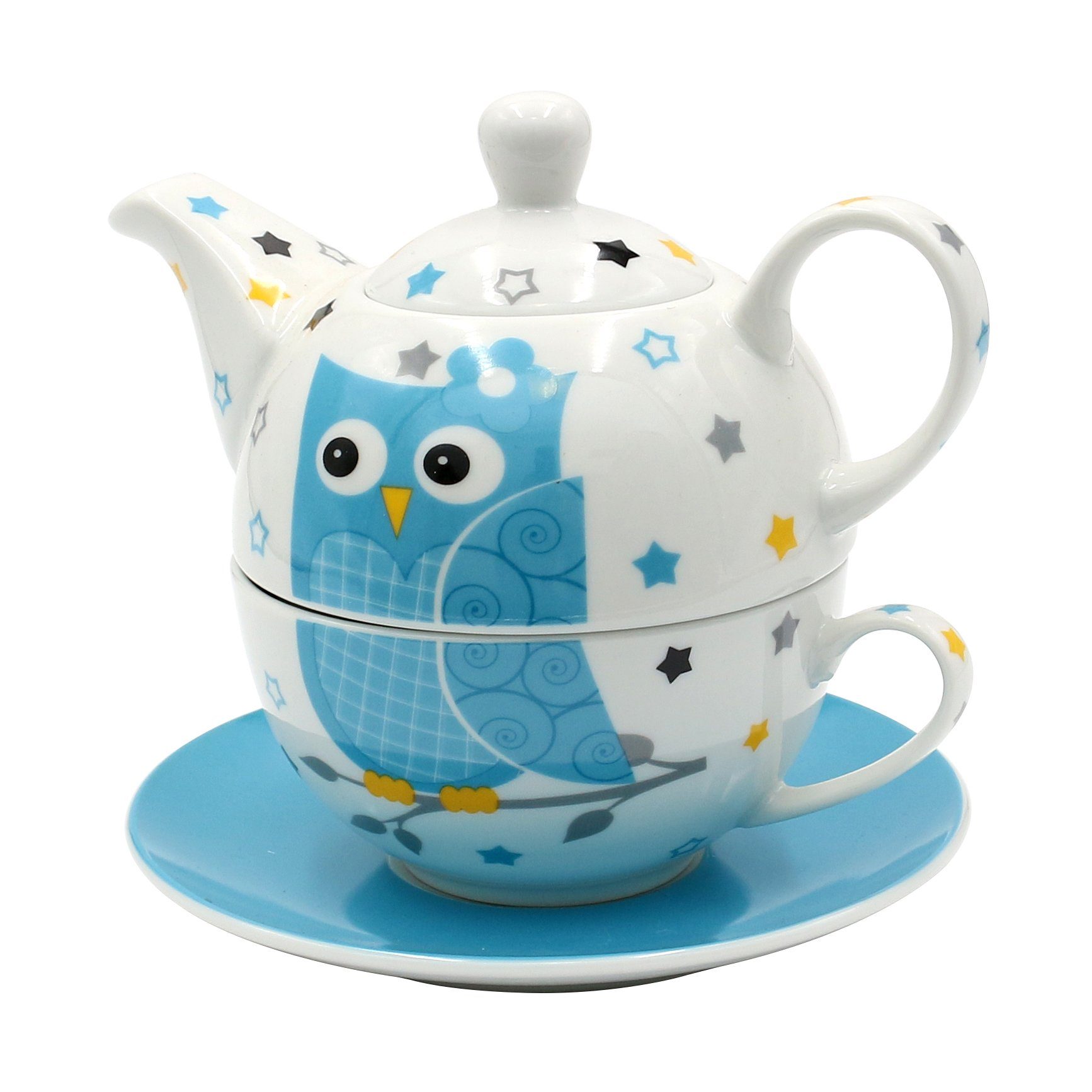 Dekohelden24 Teekanne Porzellan Teekannen-Set / Tea for one mit Eule, 3-teilig, L/B/H 16 x, (Set, 1-St)