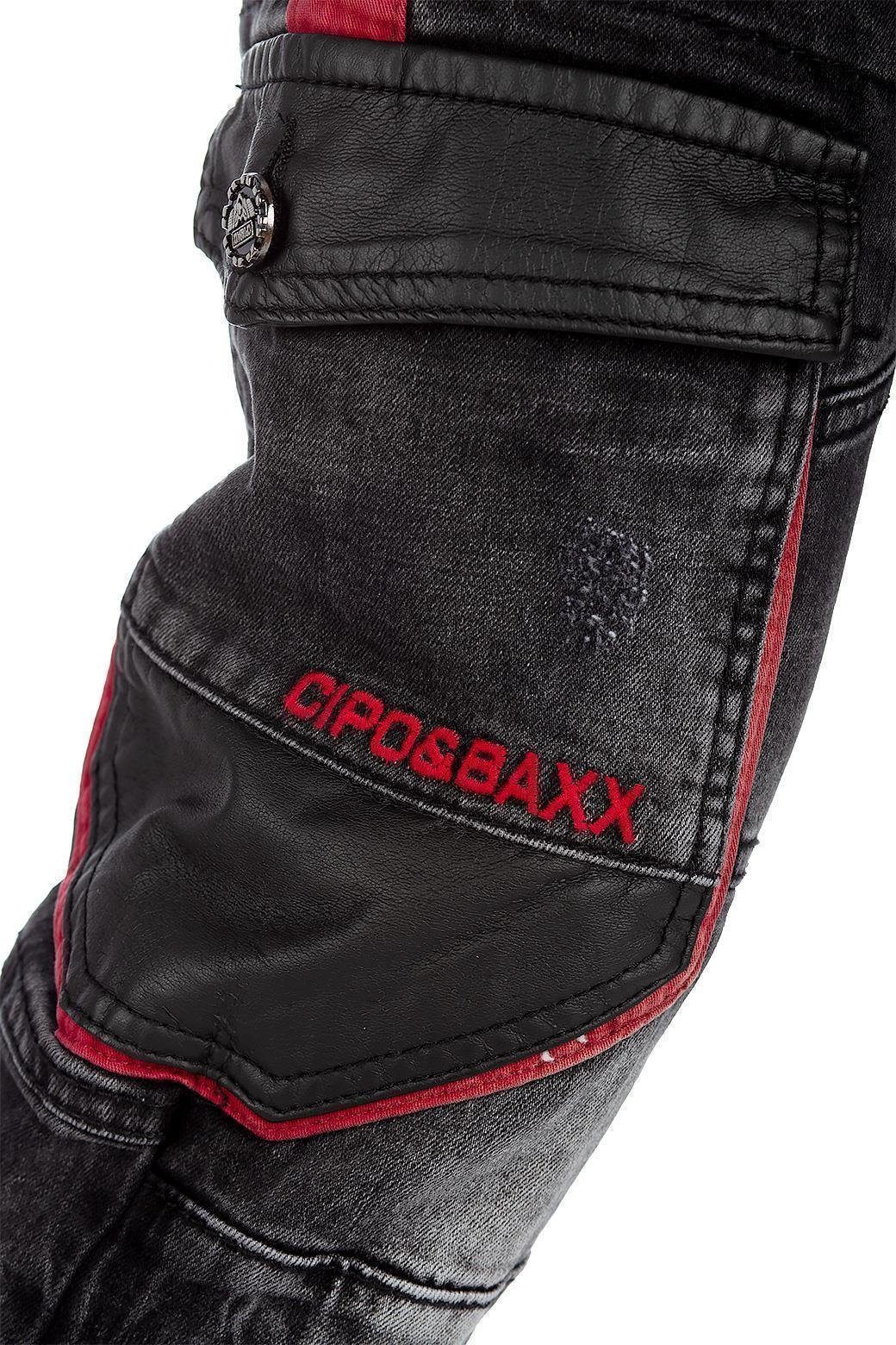 Cipo & Baxx Bikerjeans Herren straight fit Hose Stonewashed BA-CD561 4 Zipper und Cargostil Seitentaschen