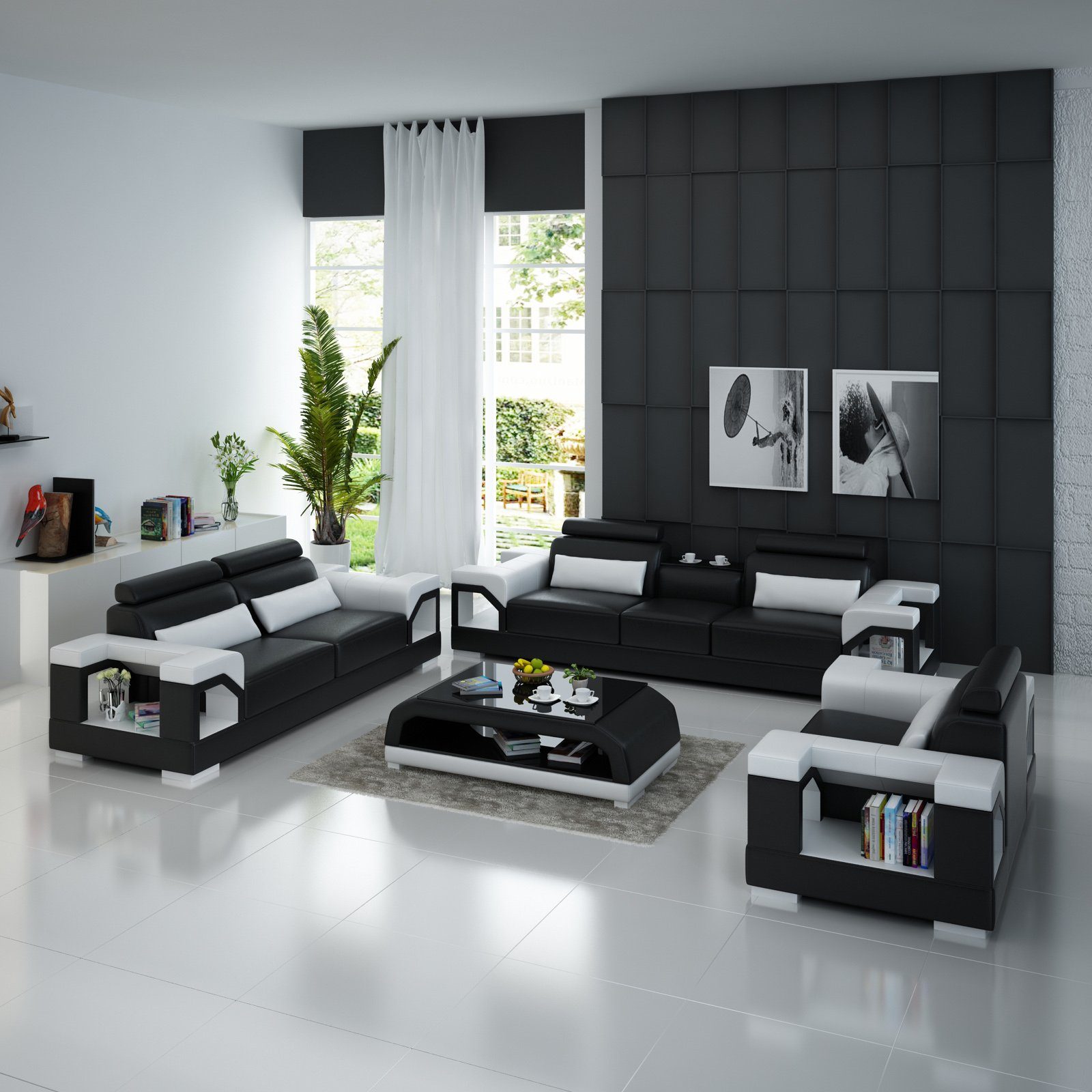 JVmoebel Wohnzimmer-Set, Ledersofa Couch Sofagarnitur 321 Garnitur Design Modern Sofa usb Schwarz/Weiß