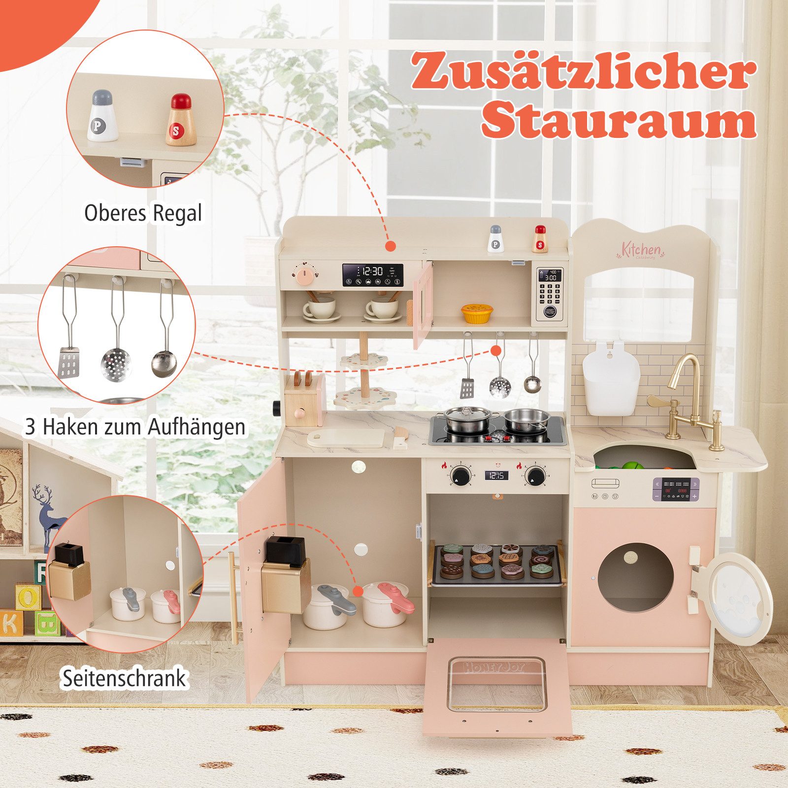 COSTWAY Spielküche Holz, Kinder Spielküche Spielset mit Toaster & Eisspender