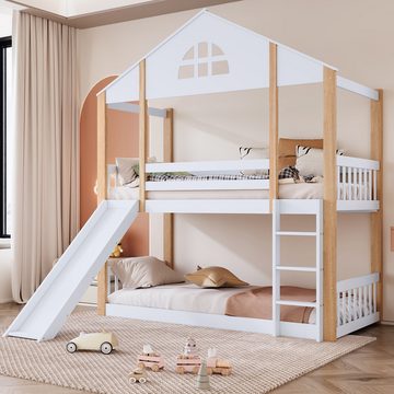 IDEASY Jugendbett Etagenbett für Kinder, Bettgestell aus Holz,mit Rutsche , (Kiefer+MDF), drei Stufen, Dachform, ohne Dekoration und Matratze, 90x200cm