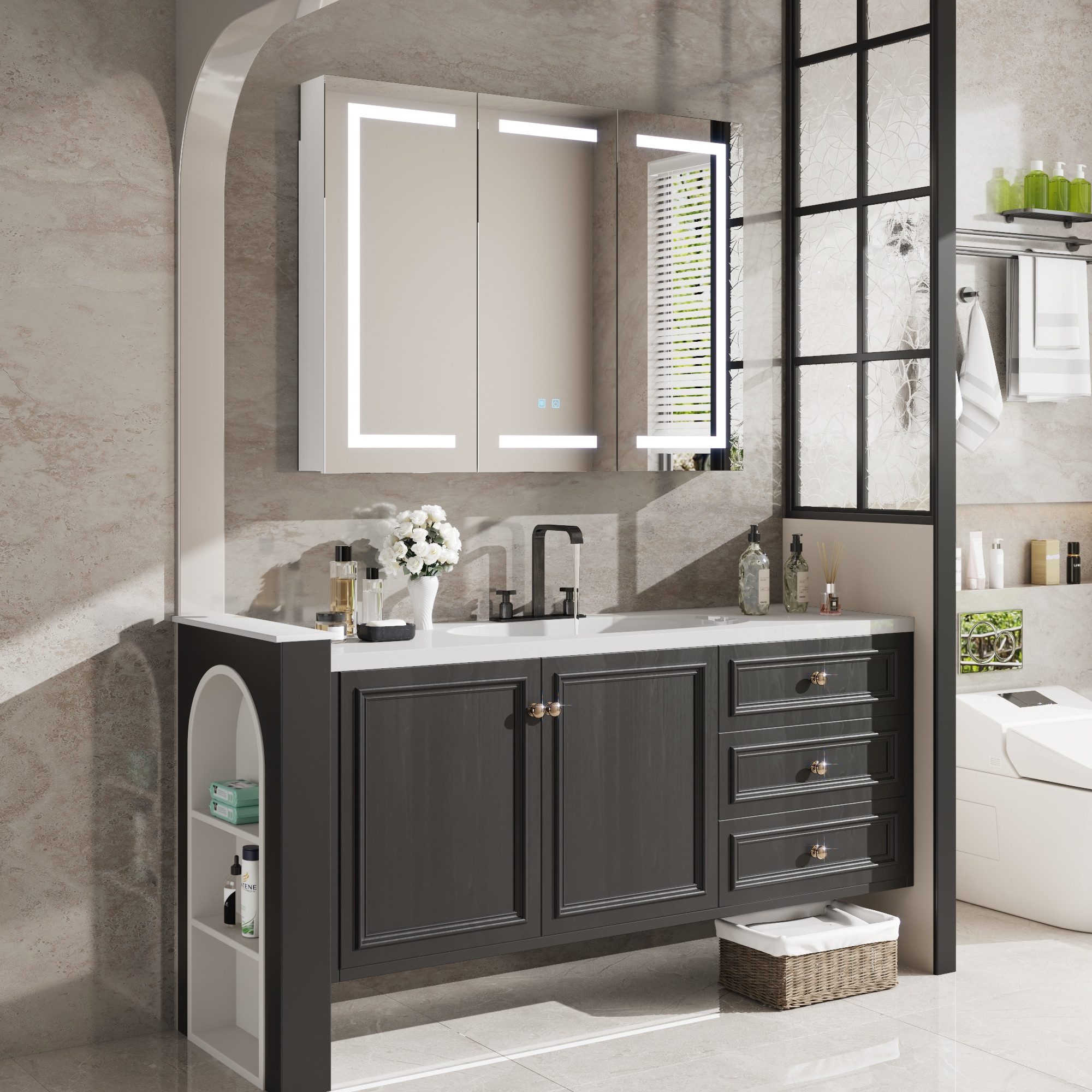 FUFU&GAGA Badezimmerspiegelschrank LED-Spiegelschrank mit 3 Türen, Weiß, MD günstig online kaufen