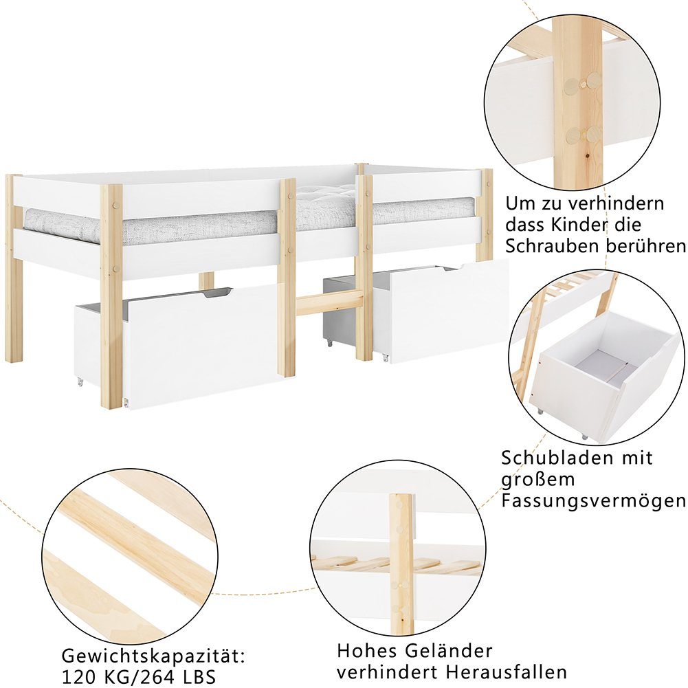 Hochbett (Kinderbett, 1-St) mit Schubladen, Lattenrost und Rausfallschutz, 90*190 cm / 90*200 cm
