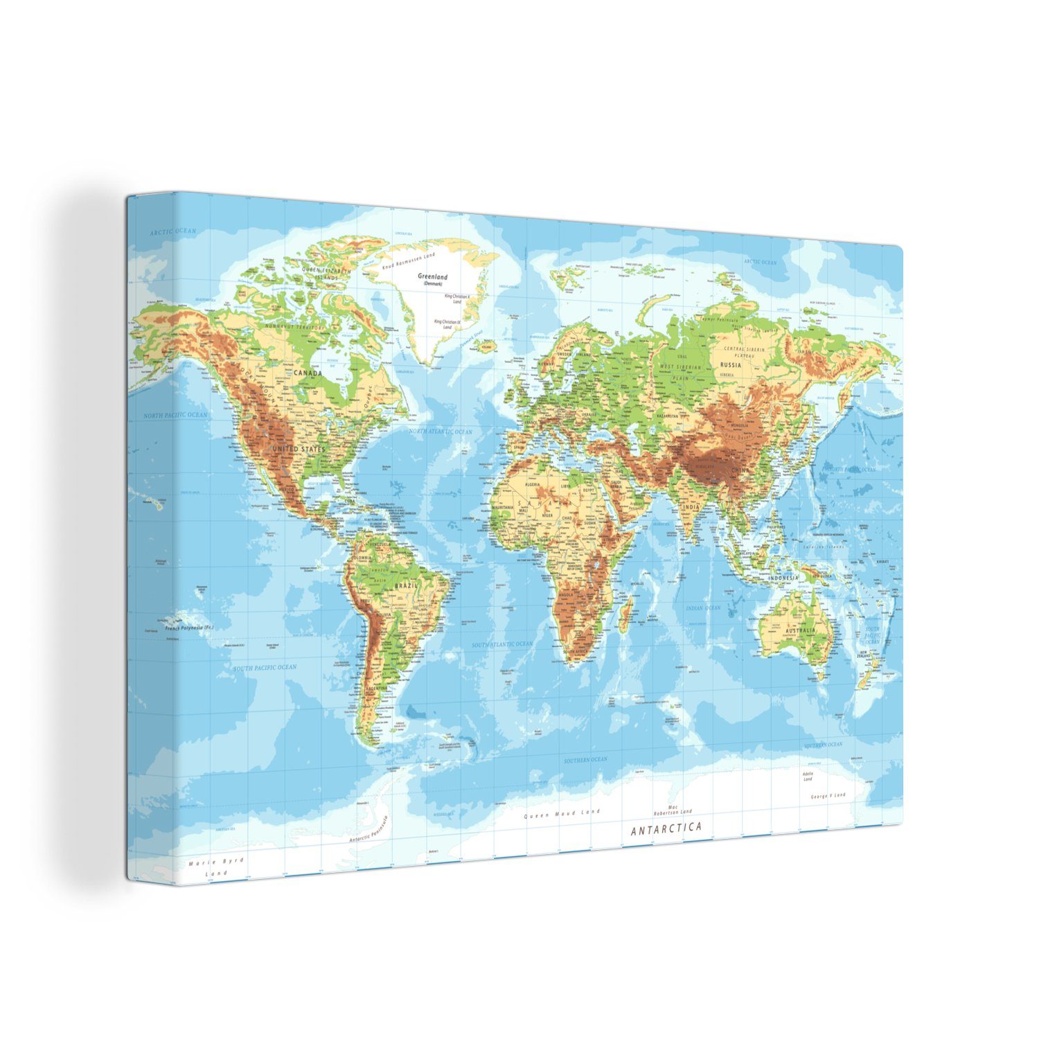 OneMillionCanvasses® Leinwandbild Weltkarte 30x20 Aufhängefertig, Leinwandbilder, - - Topographie, Wanddeko, (1 Atlas Wandbild cm St)