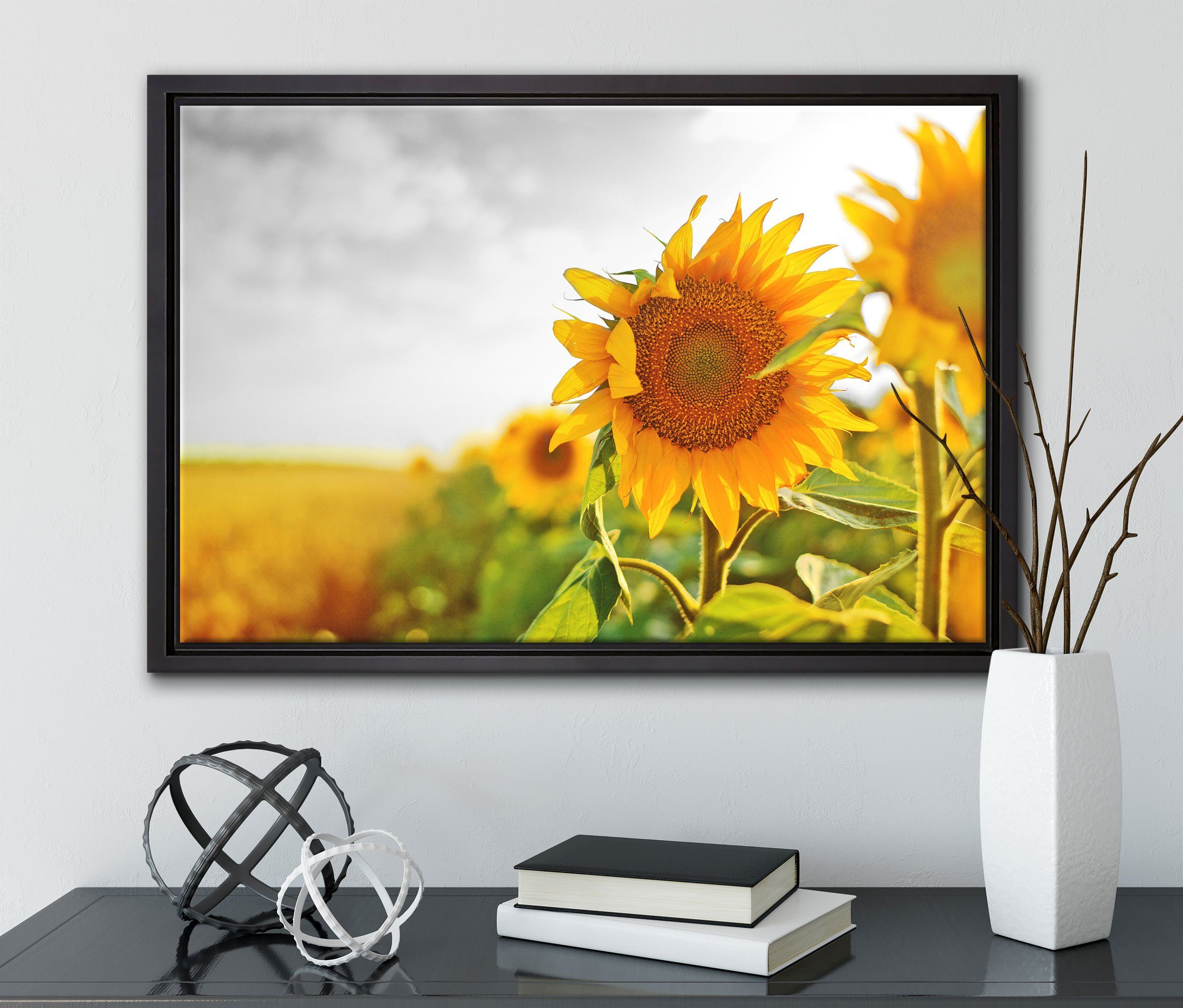 Wanddekoration einem bespannt, Sonnenblume, in Schattenfugen-Bilderrahmen Nahaufnahme Pixxprint inkl. gefasst, St), Leinwandbild einer fertig Leinwandbild Zackenaufhänger (1