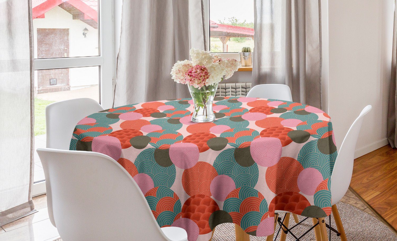 Kreise Abakuhaus Dekoration, Tone Abdeckung Tischdecke für Küche Coral Stripes Kreis Abstrakt Tischdecke Esszimmer