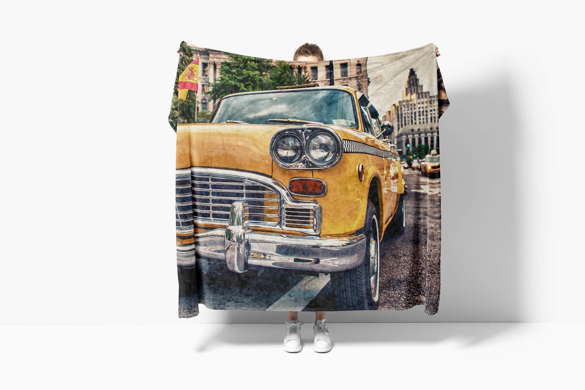 Taxi Oldtim, Fotomotiv Saunatuch Gelbes (1-St), Handtuch Handtuch Art Sinus Strandhandtuch Handtücher Kuscheldecke mit Baumwolle-Polyester-Mix