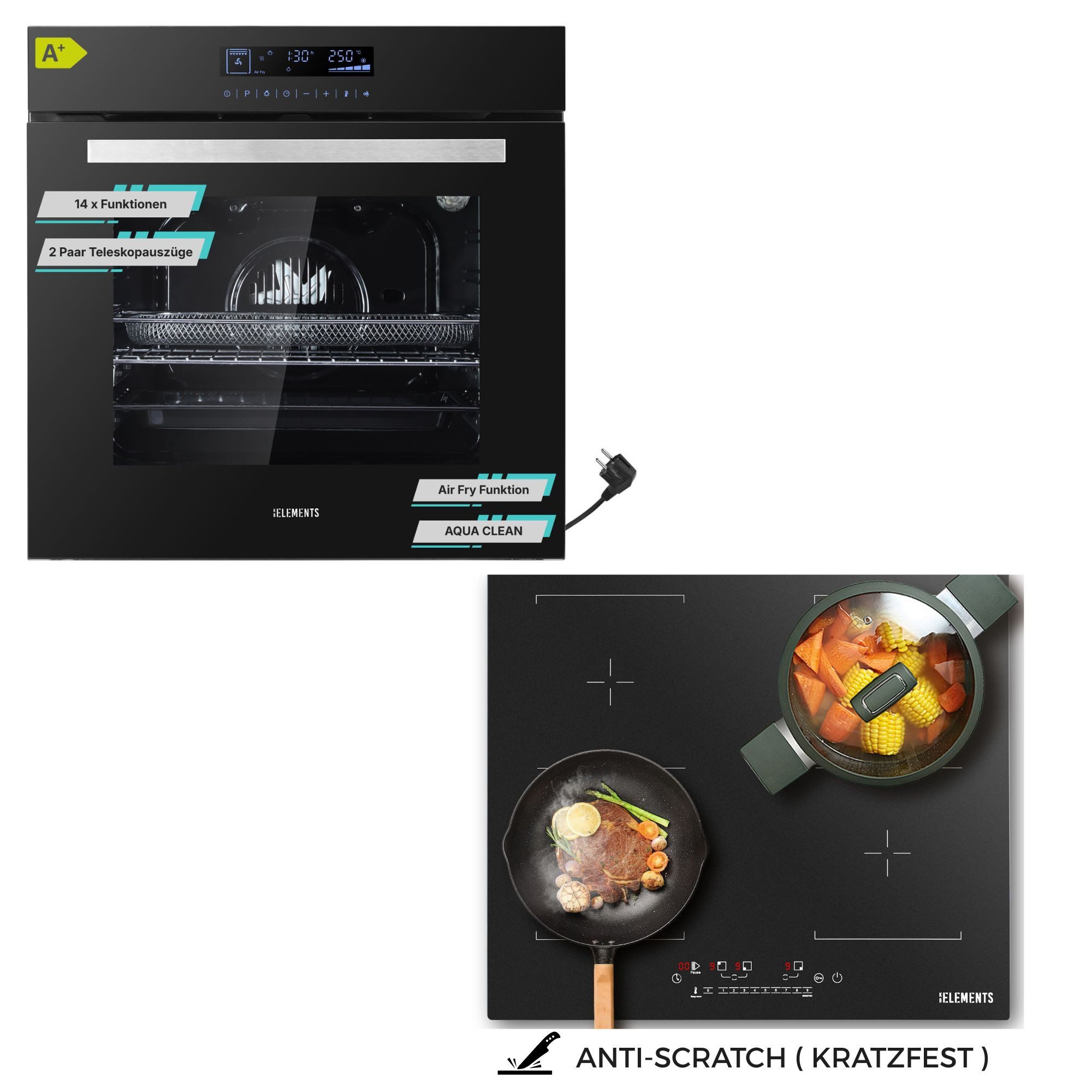 KB Elements Induktions Herd-Set Kratzfestes Induktion 60 cm mit Einbaubackofen 60 cm, mit 2-fach-Teleskopauszug, Einbaubackofen Full Touch, Kratzfestes Induktionskochfeld