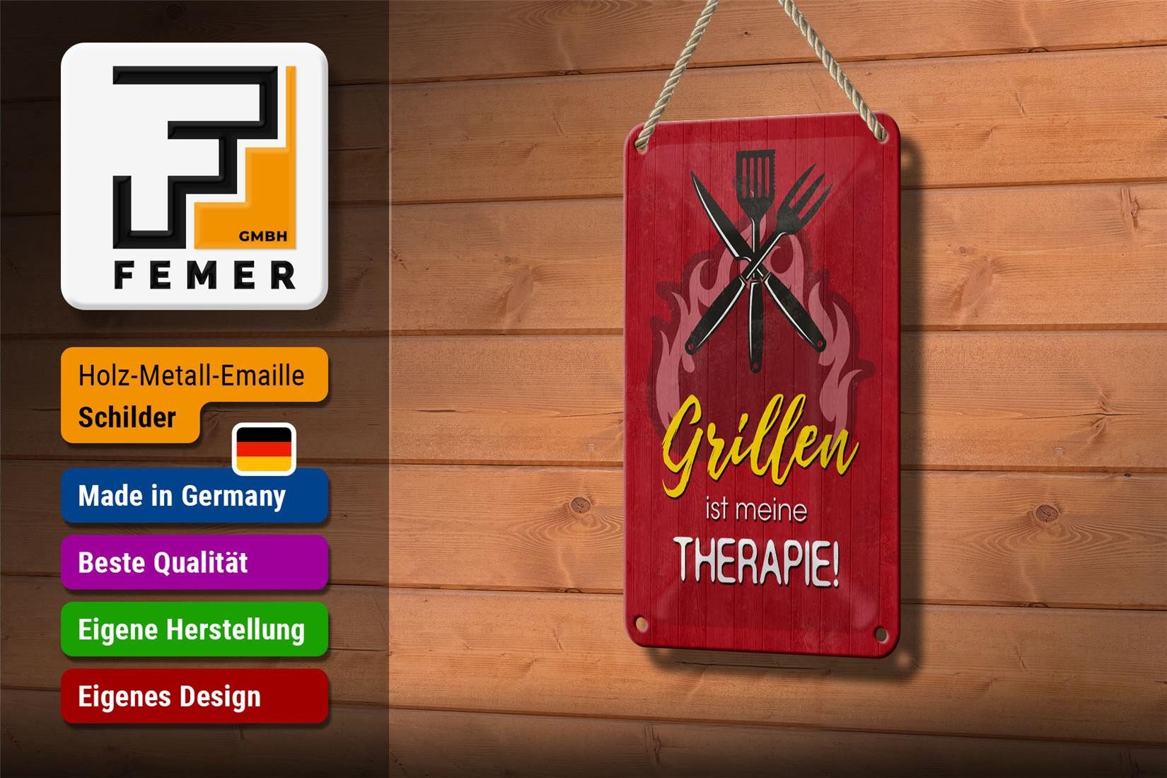 Femer GmbH Metallschild Spruch 12x18cm Grillen ist meine Therapie, (1 St), gewölbte Oberfläche, abgerundete Ecken, umgeschlagene Kanten