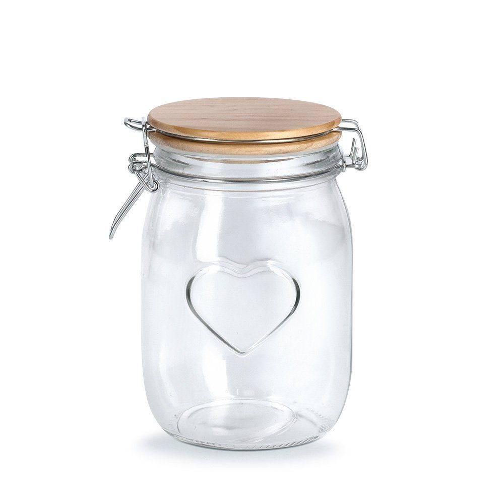 Zeller Present Glas Vorratsglas "Heart" m. Bügelverschluss, Glas/Kiefer, 1000 ml, /Kiefer, transparent, ca. Ø 11 x 17 cm