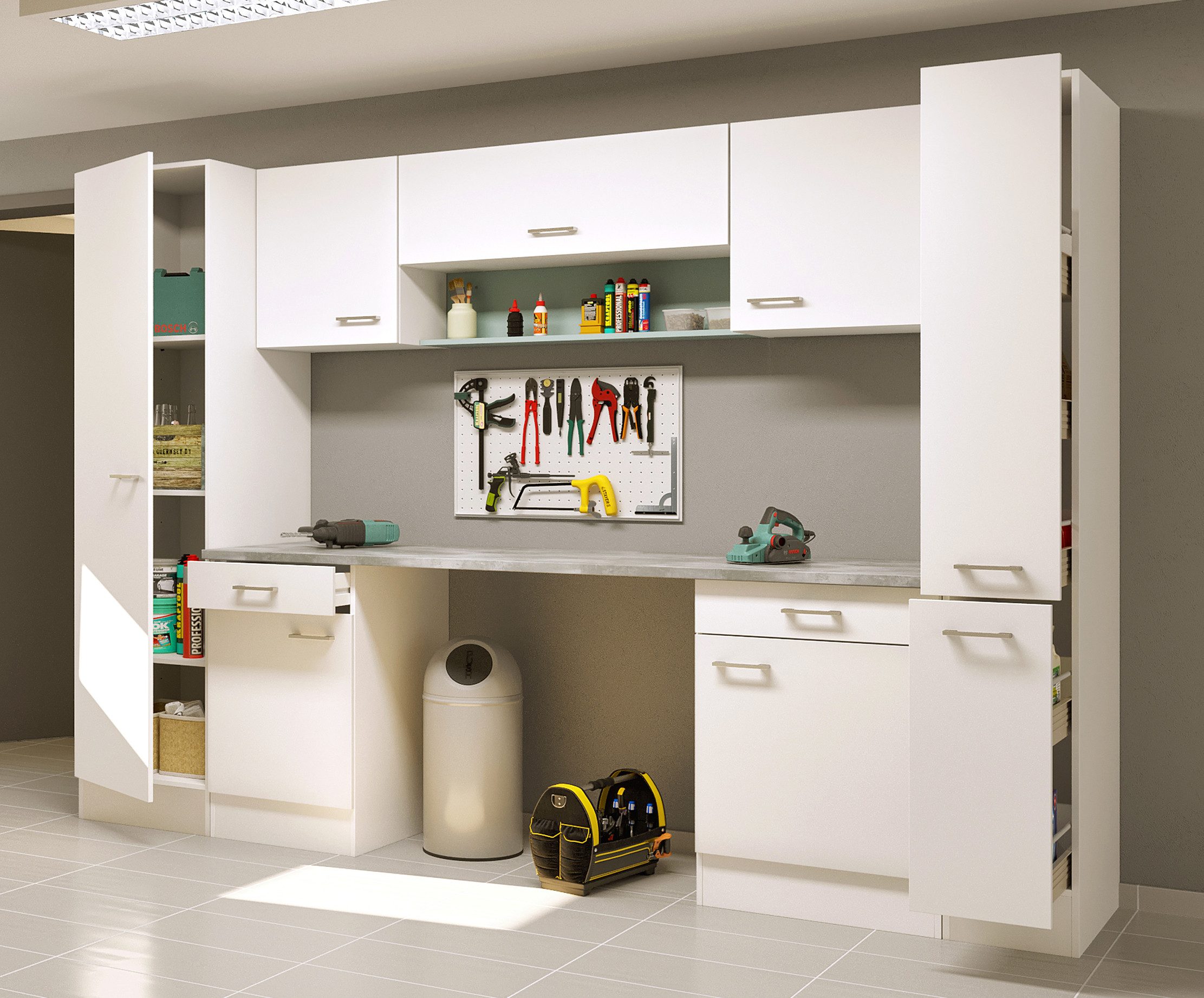 Flex-Well Mehrzweckschrank-Set LUCCA, 9-teilig, Hauswirtschaft-, Hobby/Werkraum, Küche, Breite 290 cm, (Komplett-Set, 9-St., bestehend aus: 2x Unter-, 3x Ober- und 2x Hochschrank, Regal+APL), Kombination aus 8 Möbelteilen und durchgehender Arbeitsplatte