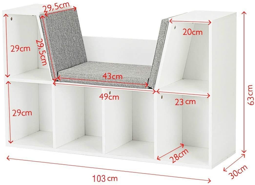 COSTWAY Bücherregal Aufbewahrungsregal, mit Kissen, 6 Fächer, 103x30x63cm – Bild 3 von 5