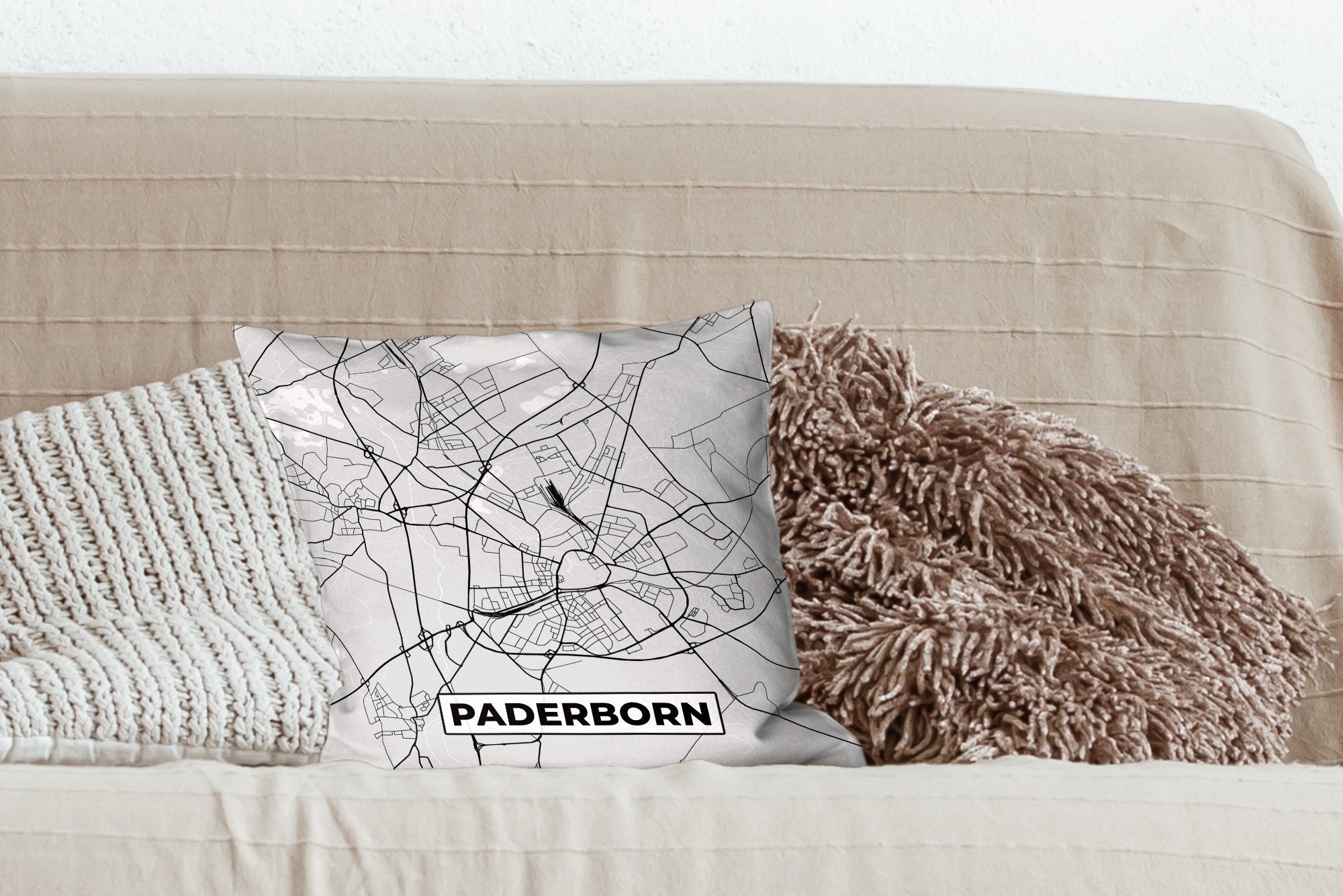 Zierkissen für Dekokissen Stadtplan Deko, - - Karte mit MuchoWow Paderborn, - Füllung Sofakissen Deutschland Schlafzimmer, Wohzimmer,