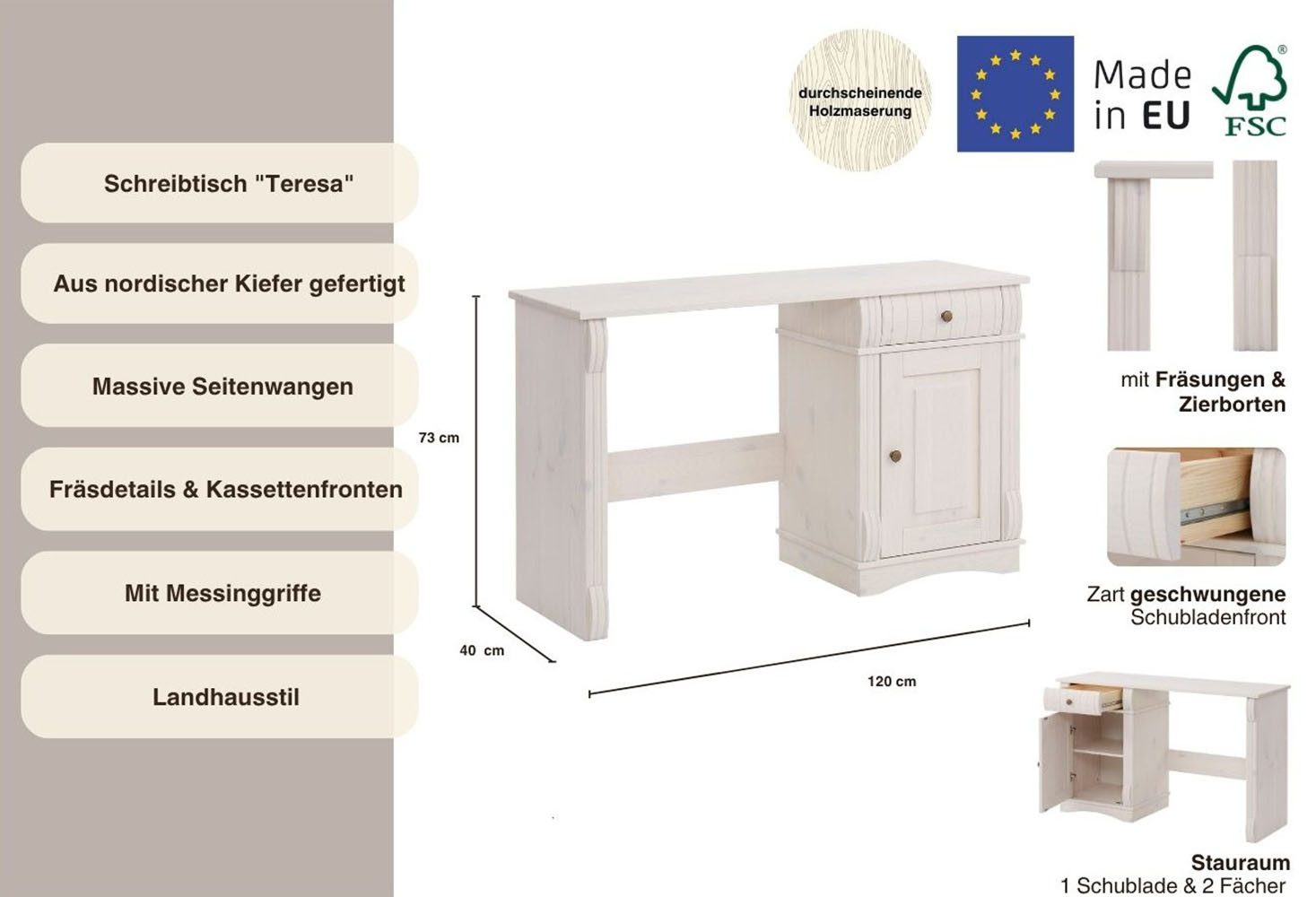 OTTO home Schreibtisch Teresa (Maße (B/T/H): 120/37/73 cm), Computertisch mit Schublade, Massivholz, Breite 120 cm