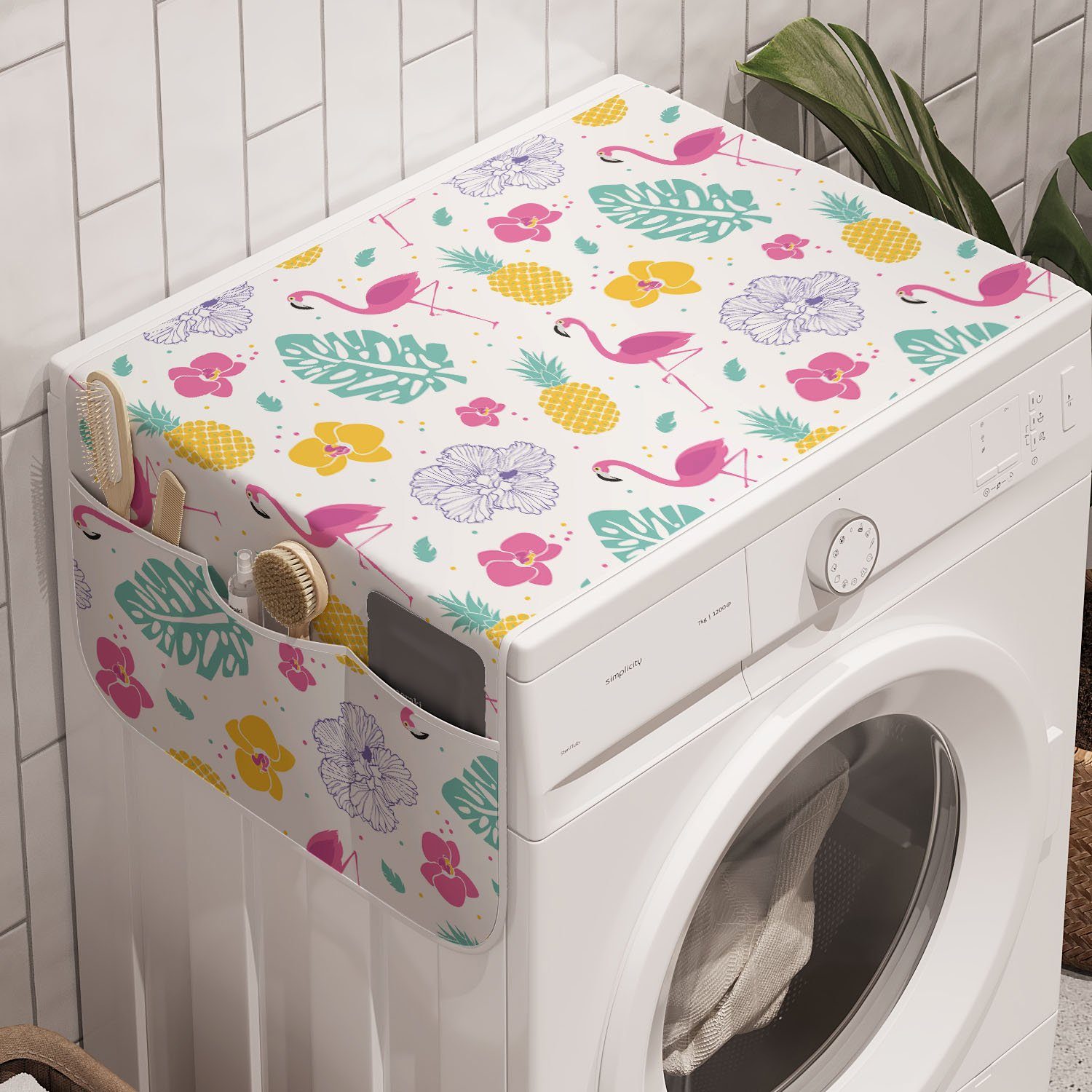 Abakuhaus Badorganizer Anti-Rutsch-Stoffabdeckung für Waschmaschine und Trockner, Luau Flamingo Ananas Blütenblätter Blatt