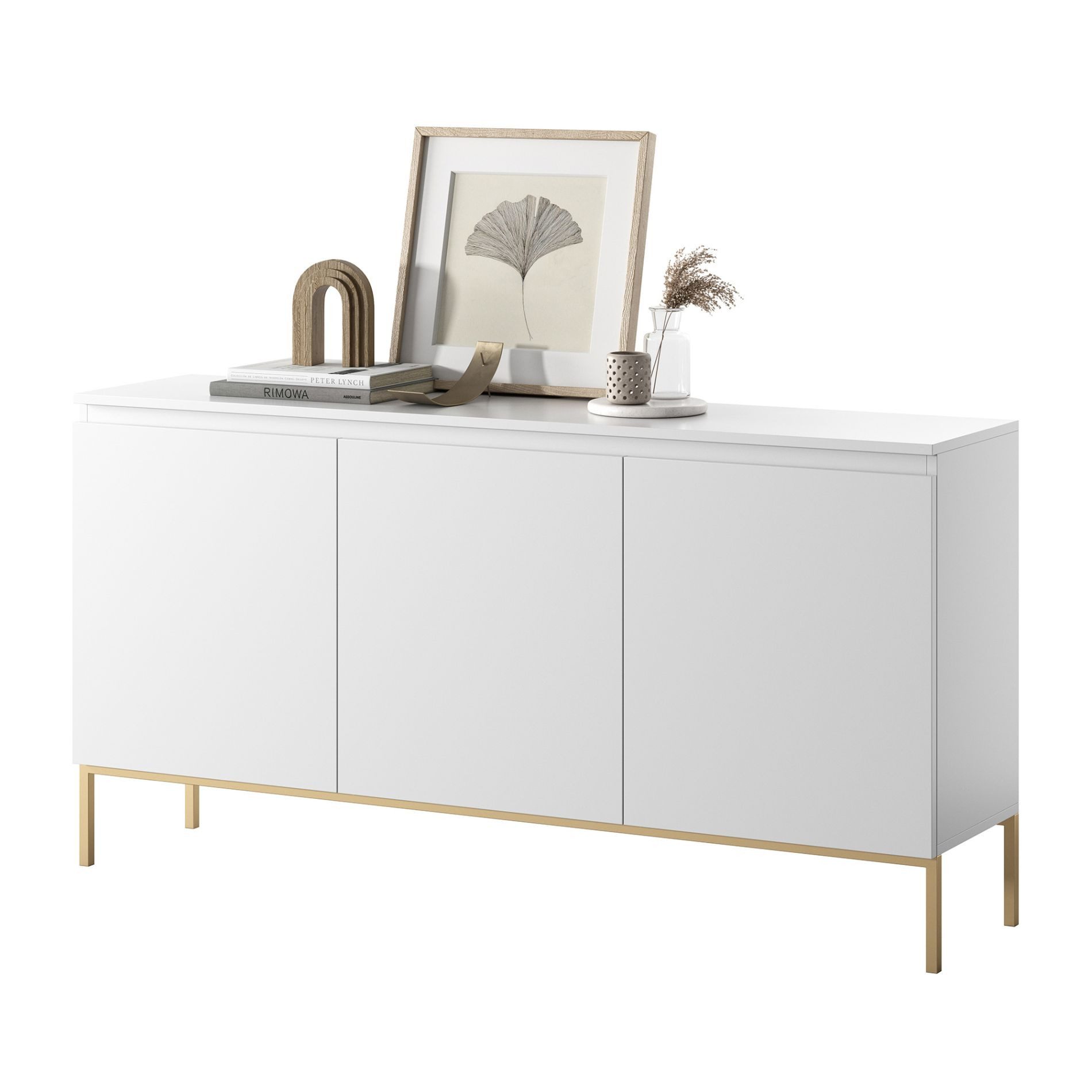Selsey Sideboard BEMMI, 3-türig mit 6 Fächern, goldenem Metallgestell, grifflos