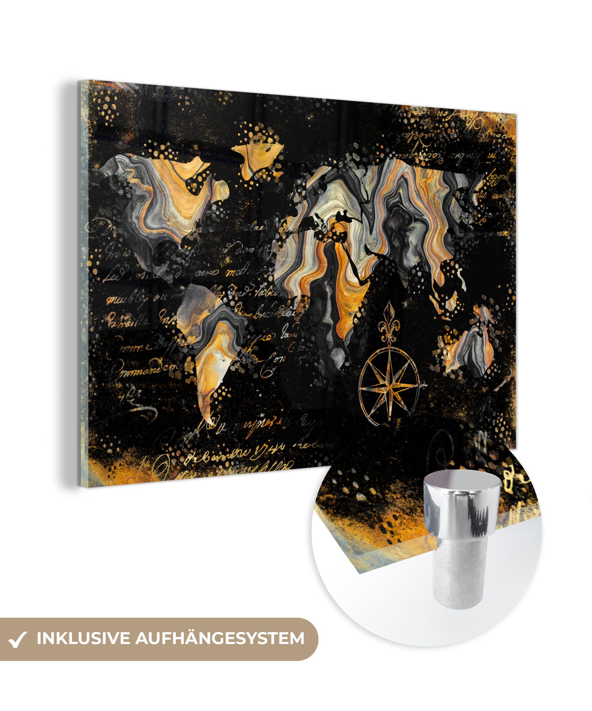 MuchoWow Acrylglasbild Weltkarte Marmor St), Gold, Wohnzimmer & - (1 Acrylglasbilder - Schlafzimmer
