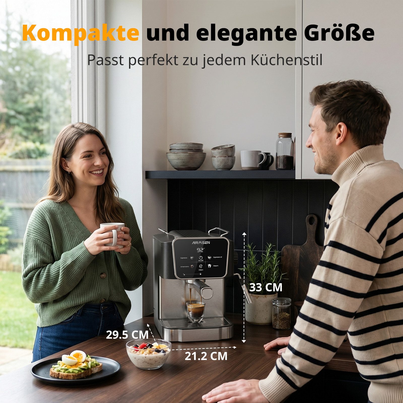 Airmsen Espressomaschine 20 Bar Siebträgermaschinen mit Milchaufschäumdüse,LCD-Touchscreen, 1.8L Wassertank, für Espresso, Cappuccino & Latte Macchiato für Zuhause