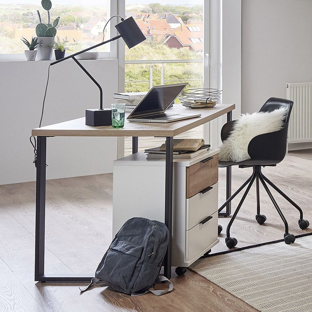 Lomadox Jugendzimmer-Set NOLI-43, (Sparset, 2-tlg., Schreibtisch Rollcontainer), weiß Eiche Tischplatte 140 cm breit Metallkufen schwarz