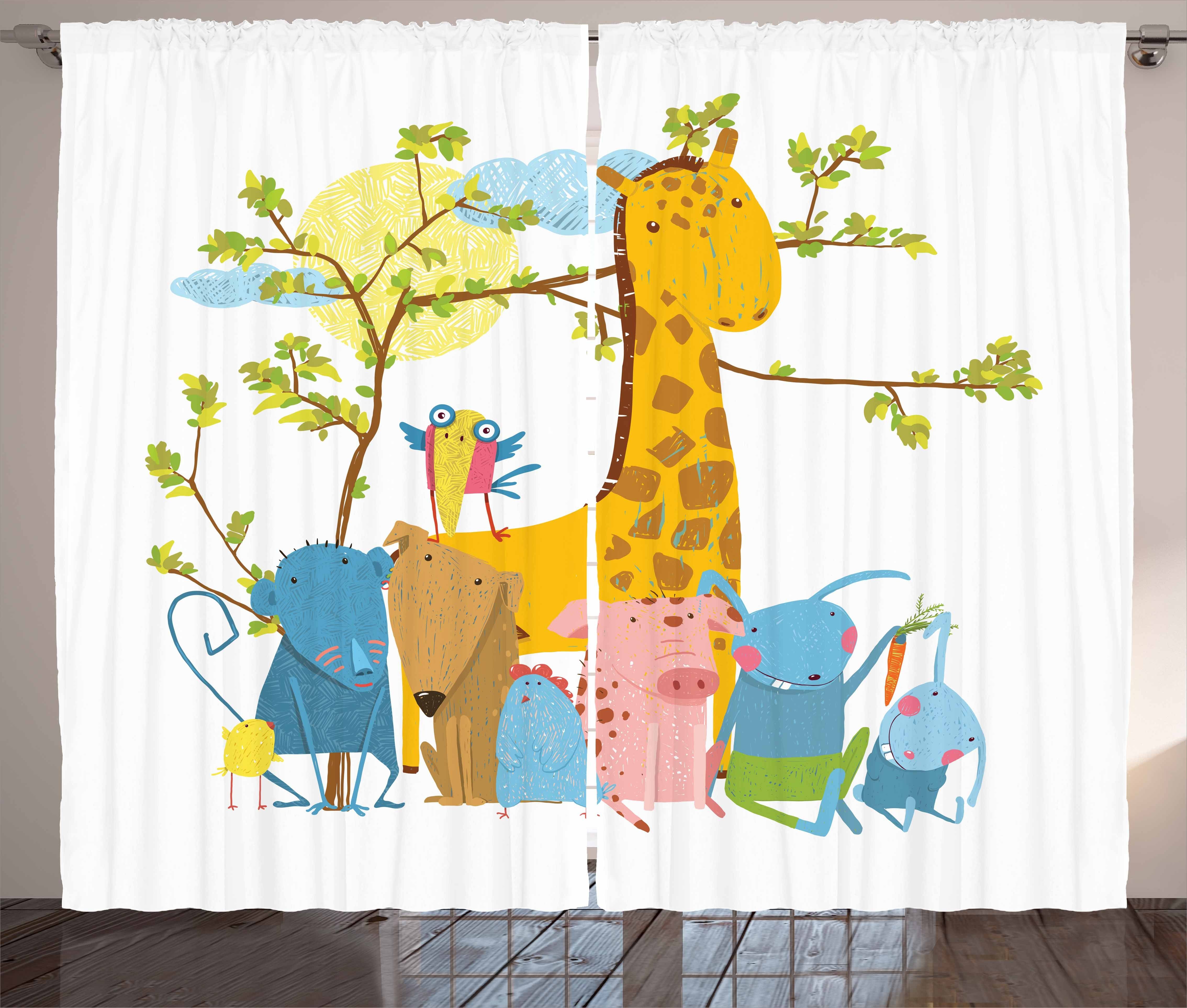 Gardine Schlafzimmer Kräuselband Vorhang mit Schlaufen und Haken, Abakuhaus, Kindergarten Tiere unter Baum