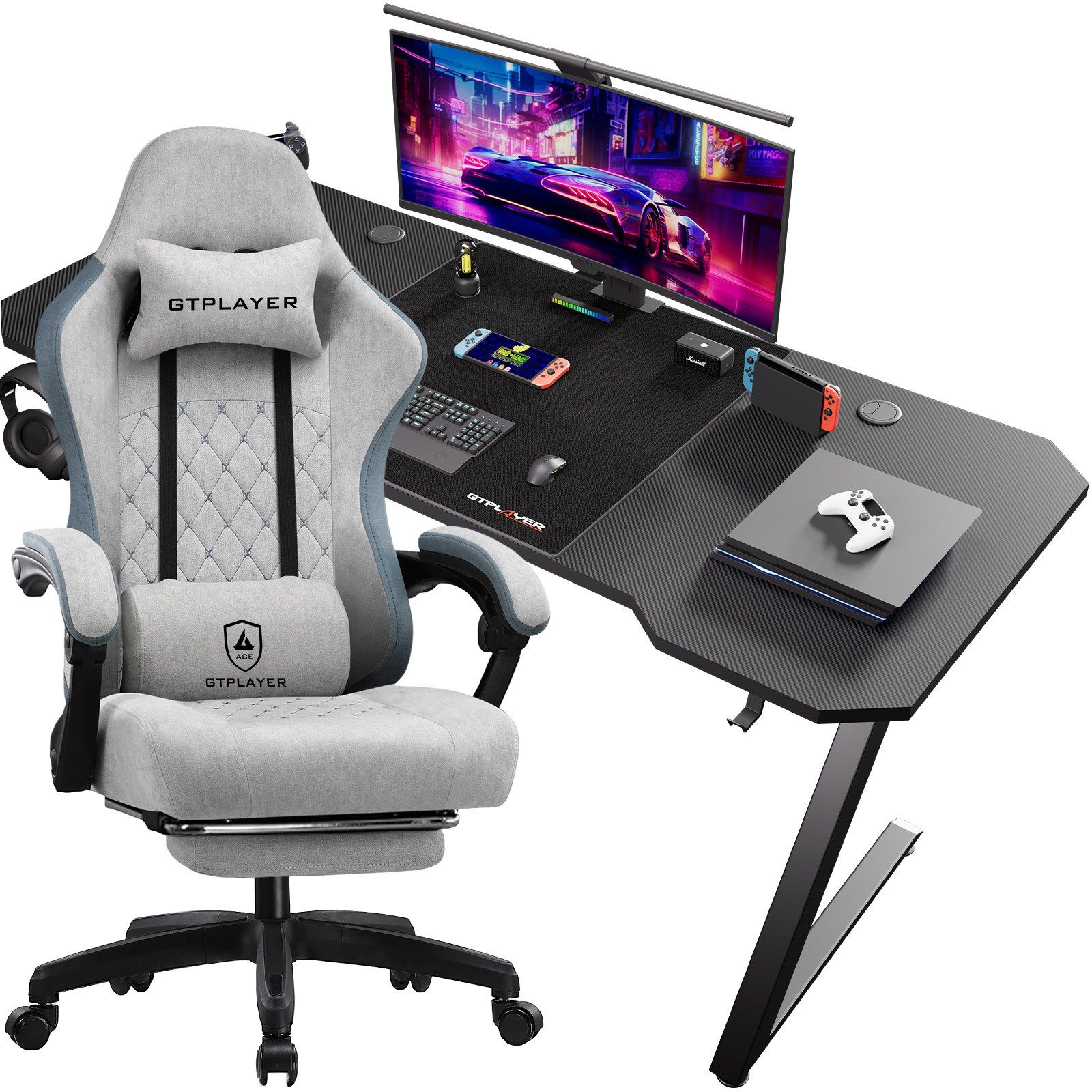 GTPLAYER Gaming-Stuhl Ergonomischer Gaming Sessel Schreibtischstuhl aus Stoff/Kunstleder (Pacekung), Federsitzkissen mit Fußstütze