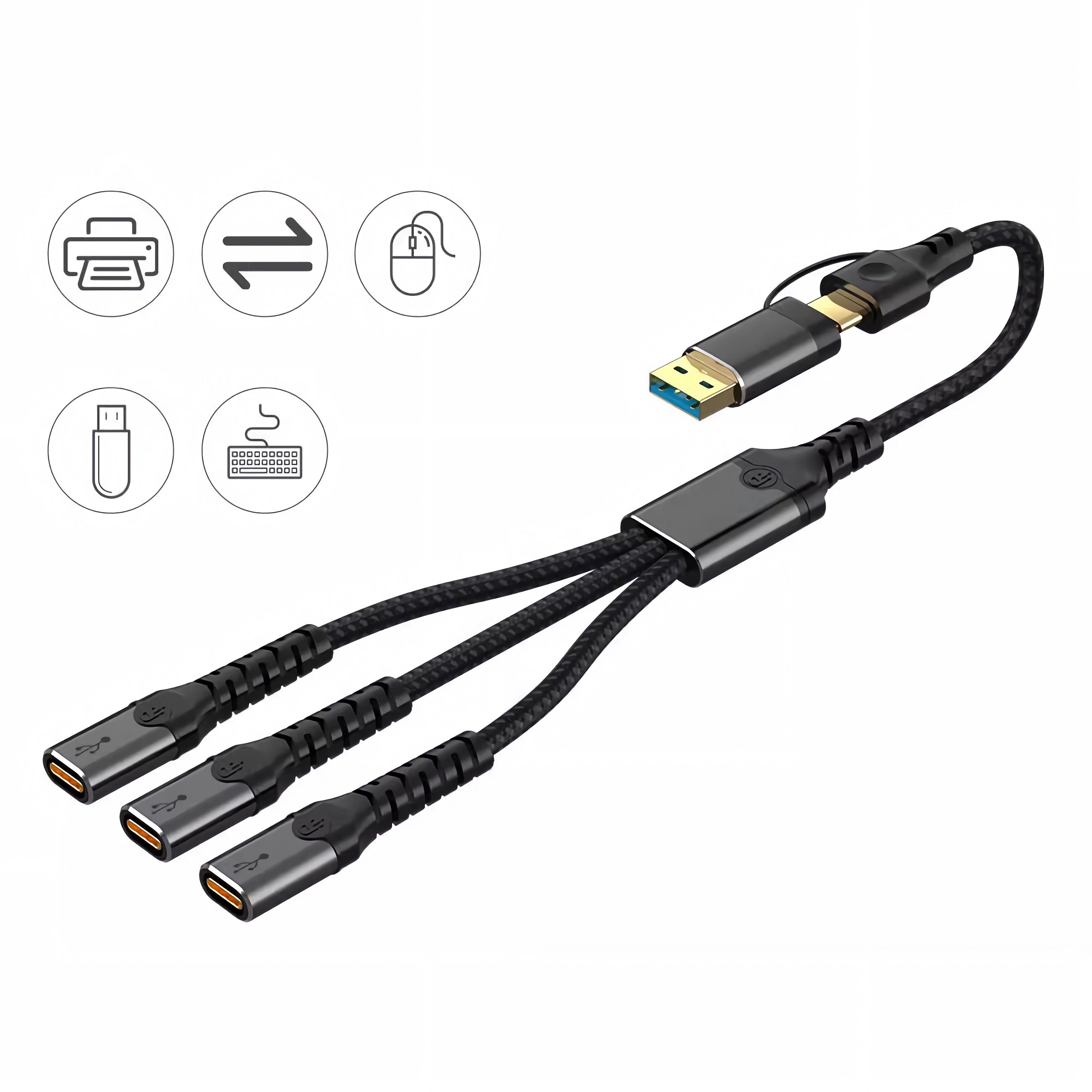 Bolwins N35C USB-A/USB-C zu 3x USB-C Hub 34cm OTG Adapter Laptop Tablet Handy USB-Kabel, USB-A Stecker, USB-C Stecker, 3x USB-C Buchse (34 cm), Kompakter 3-fach USB-C Hub mit Dual-Eingang, Plug & Play Design