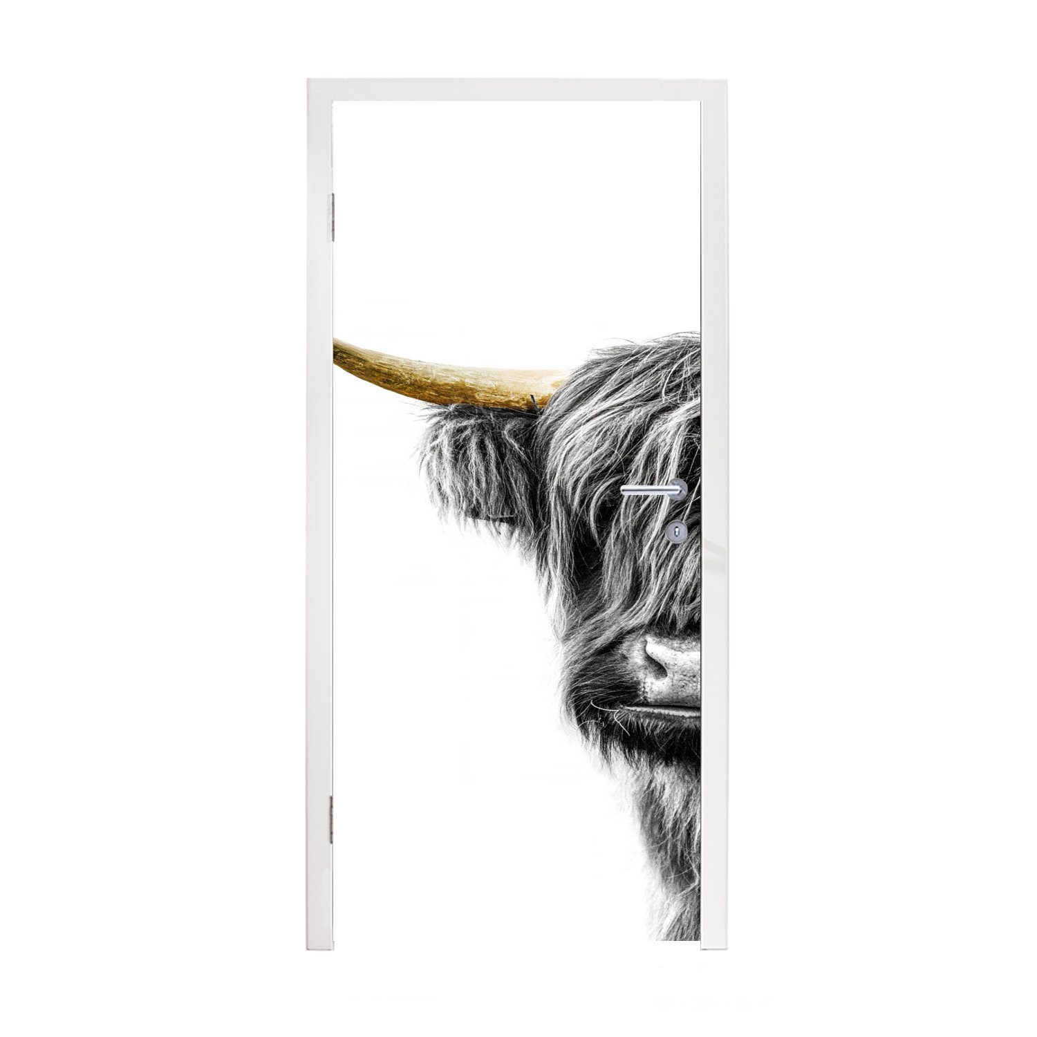MuchoWow Türtapete Schottischer Highlander - Schwarz & Gold - Weiß, Matt, bedruckt, (1 St), Fototapete für Tür, Türaufkleber, 75x205 cm