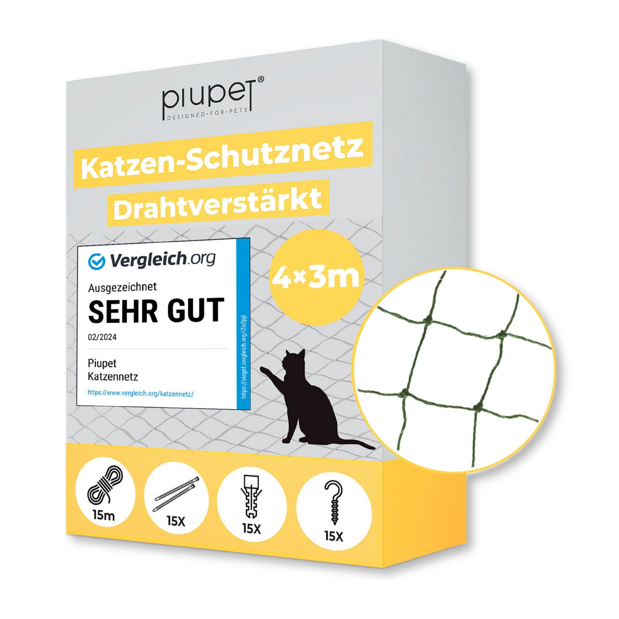 Piupet Tiersicherheitsnetz Katzennetz Drahtverstärkt I Befestigungsset inkl. I Balkon & Fenster