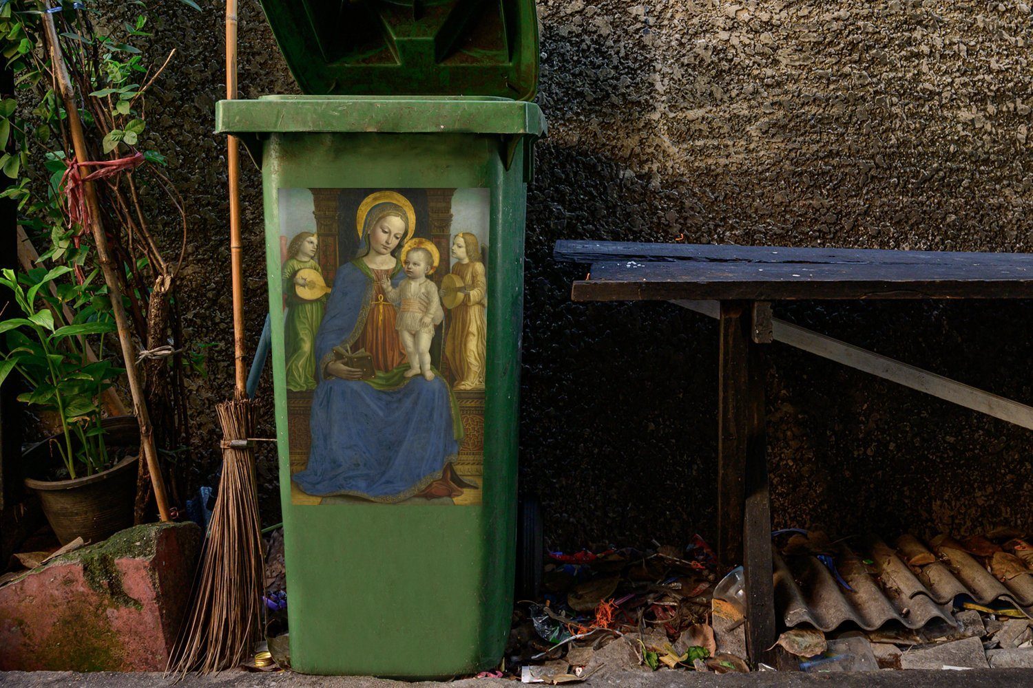 MuchoWow mit Wandsticker Kind zwei Mülltonne, Engeln (1 St), Bernardino Die Bergognone - Abfalbehälter Mülleimer-aufkleber, und das Jungfrau Container, Sticker,