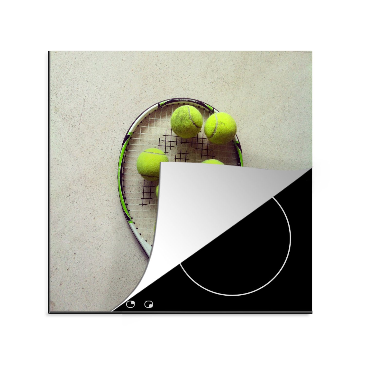 MuchoWow Herdblende-/Abdeckplatte Tennisschläger mit vielen Tennisbällen, Vinyl, (1 tlg), 78x78 cm, Ceranfeldabdeckung, Arbeitsplatte für küche | Herdabdeckplatten