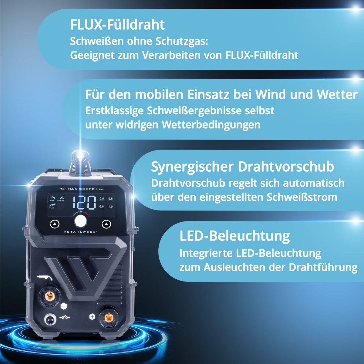 STAHLWERK Fülldrahtschweißgerät FLUX 120 ST Vollausstattung Gerätewagen und Schweißhelm, 20 - 120 A, Packung, 1-tlg., Vollausstattung, mit synergischem Drahtvorschub
