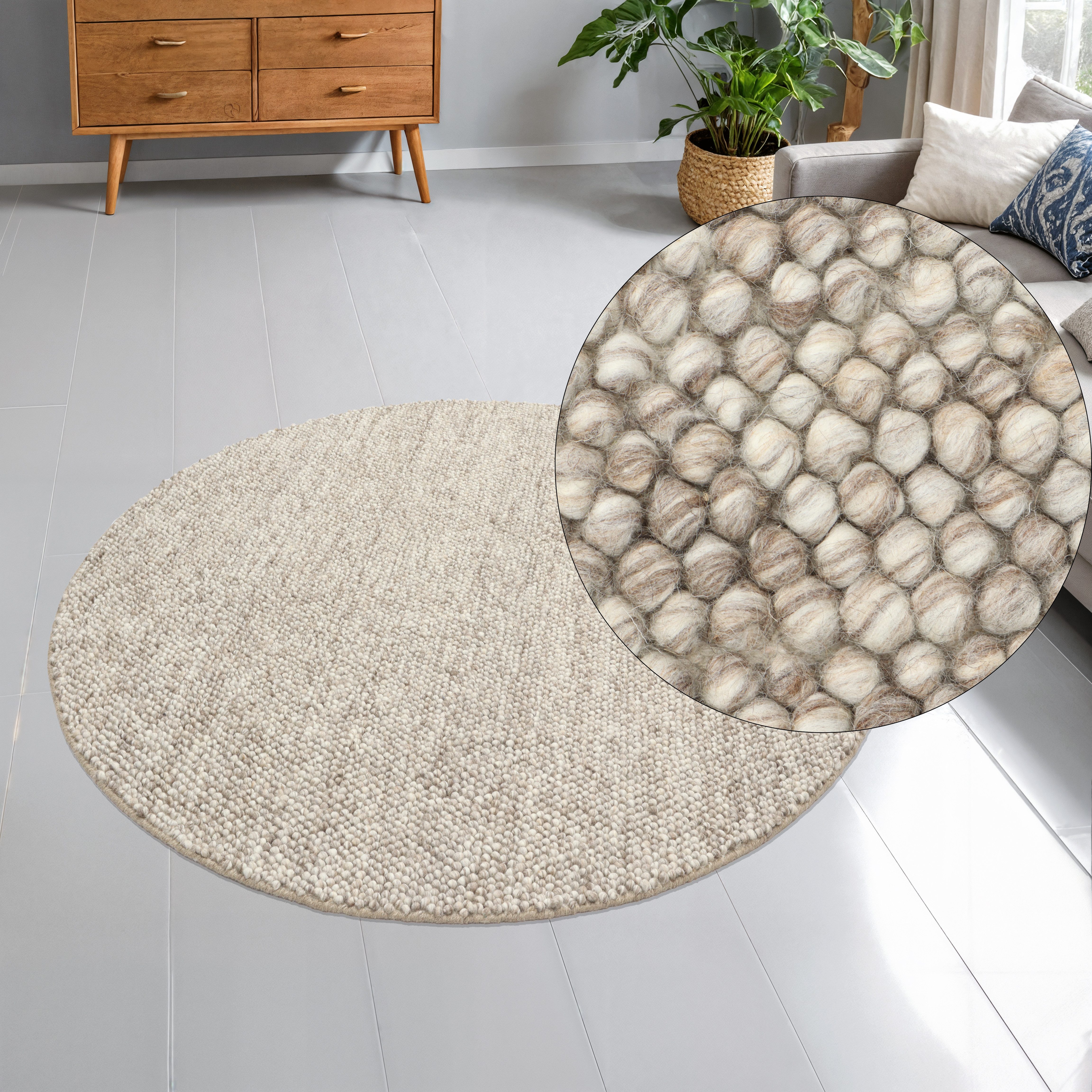 OTTO home Wollteppich Wolly, rund, Höhe: 14 mm, Wolle, handgewebt, Handweb Teppiche, Wohnzimmer, Schlafzimmer