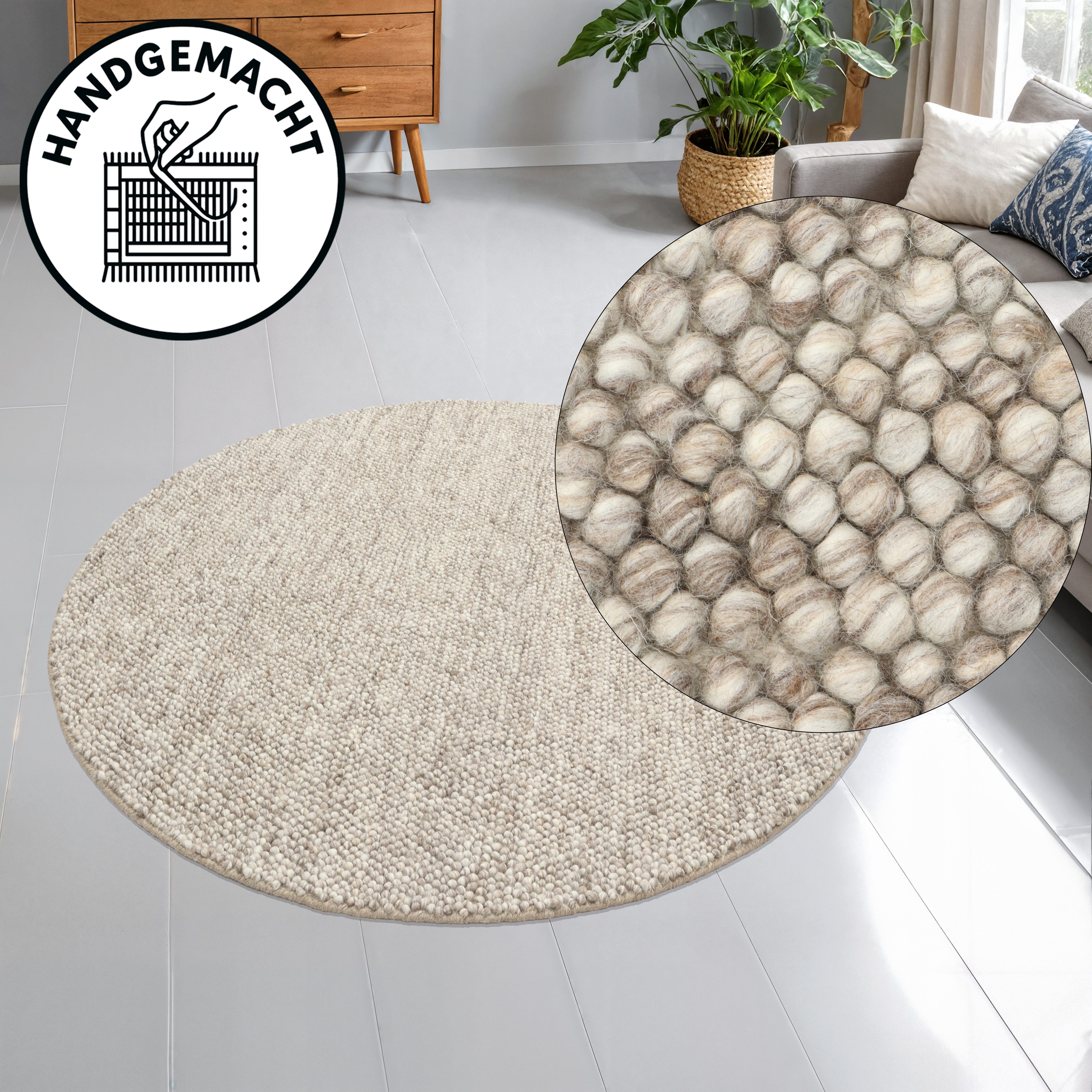 OTTO home Wollteppich Wolly, Wolle, in Standard und Premium Qualität, rund, Höhe: 14 mm, handgewebt, Handweb Teppiche, Skandi, Wohnzimmer, Schlafzimmer
