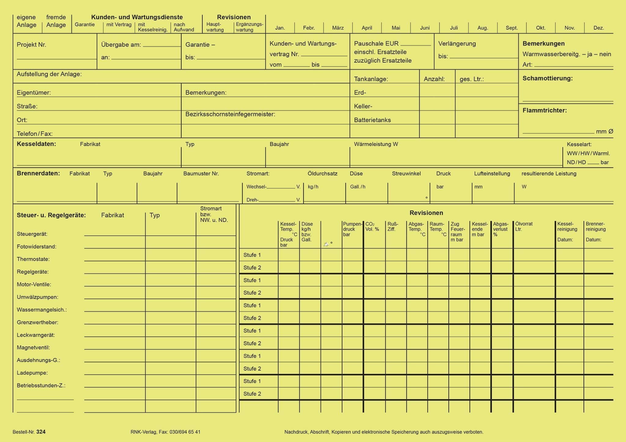 RNK Formularblock RNK Kundendienstkarte Ölfeuerungsanl. gelb A4 quer