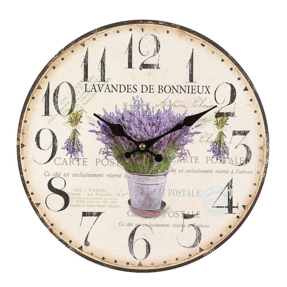 Linoows Uhr Rustikale Lavendel Landhaus Wanduhr, Retro Uhr (Nostalgie Wanduhr, Romantik Lavendel Uhr) | Wanduhren