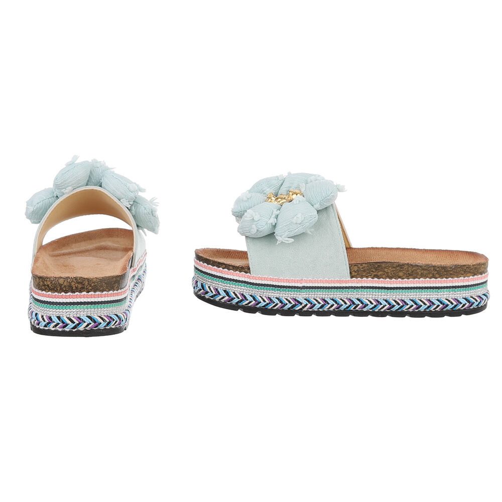 Ital-Design Stylische Damen-Sandalen mit Blumen und Korksohle Plateausandaletten (89368627) Flach Pantoletten in Hellgrün
