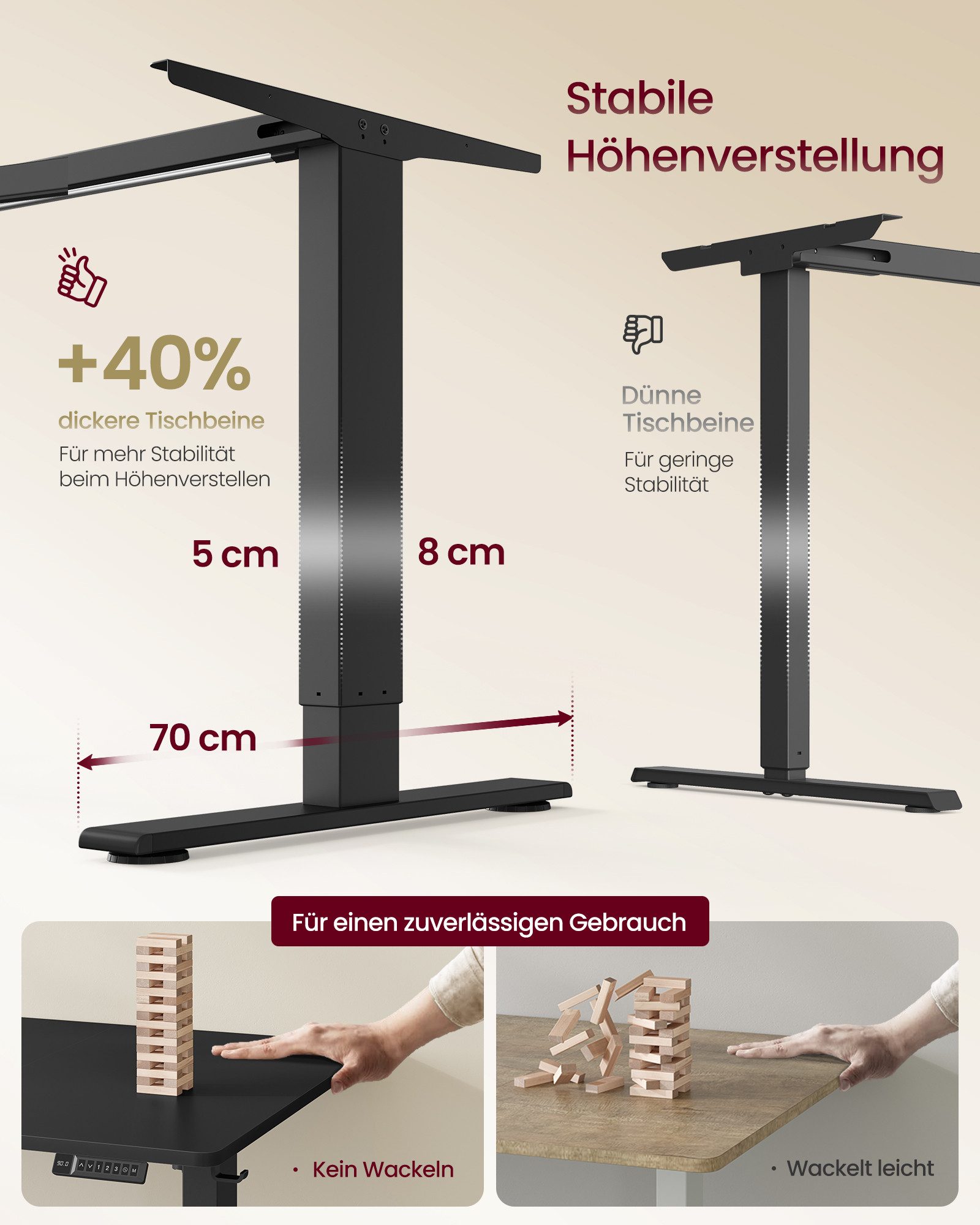 VASAGLE Schreibtisch Höhenverstellbarer, USB-C-Anschluss, Erinnerung bei langem Sitzen, 140 x 80 cm, für Büro, Ablage für Steckdosenleiste, bei langem Sitzen – Bild 4 von 5