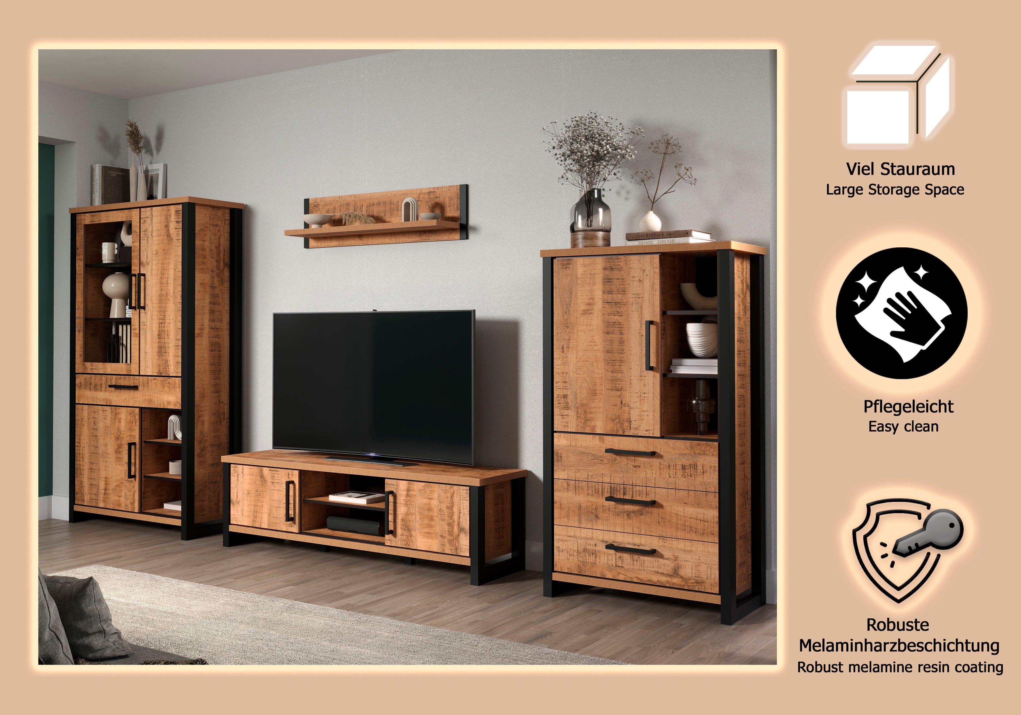 Home affaire Wohnwand Elda, (Komplett-Set, 4-St), Set bestehend aus: TV Lowboard, Vitrine, Wandboard,Highboard