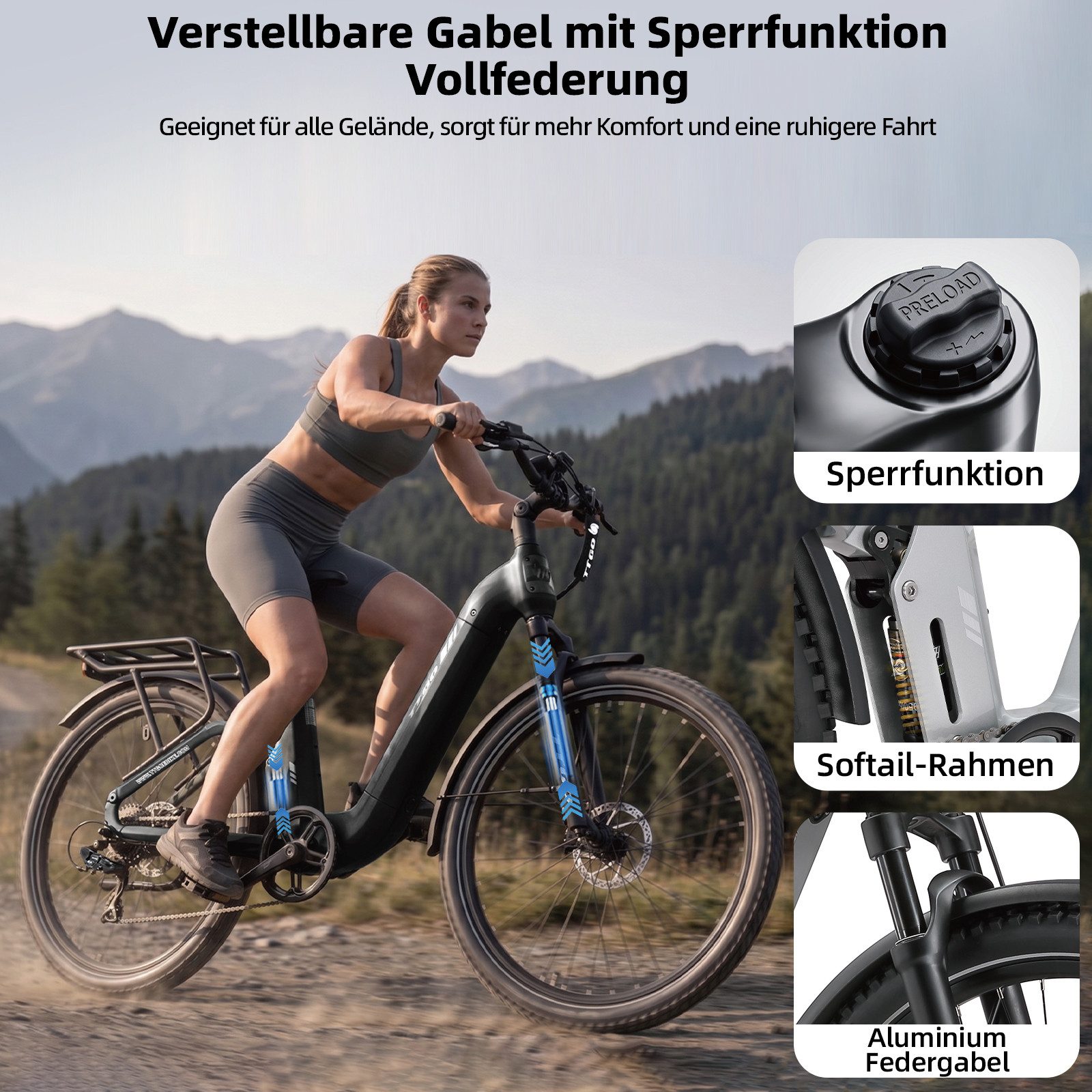 TTGO E-Bike Cityrad 28 Zoll Damen Herren, SUV, Fully, 48V 720Wh bis zu 140km, Bremslicht, 7 Gang Shimano ARDTY300D Schaltwerk, Kettenschaltung, Heckmotor, 720 Wh, (Lockout-Federgabel, Softtail, Farb-LCD-Display, Drehmomentsensor), Vollfederung, Elektrofahrrad mit Tiefeinstieg, Trekkingrad, Pedelec