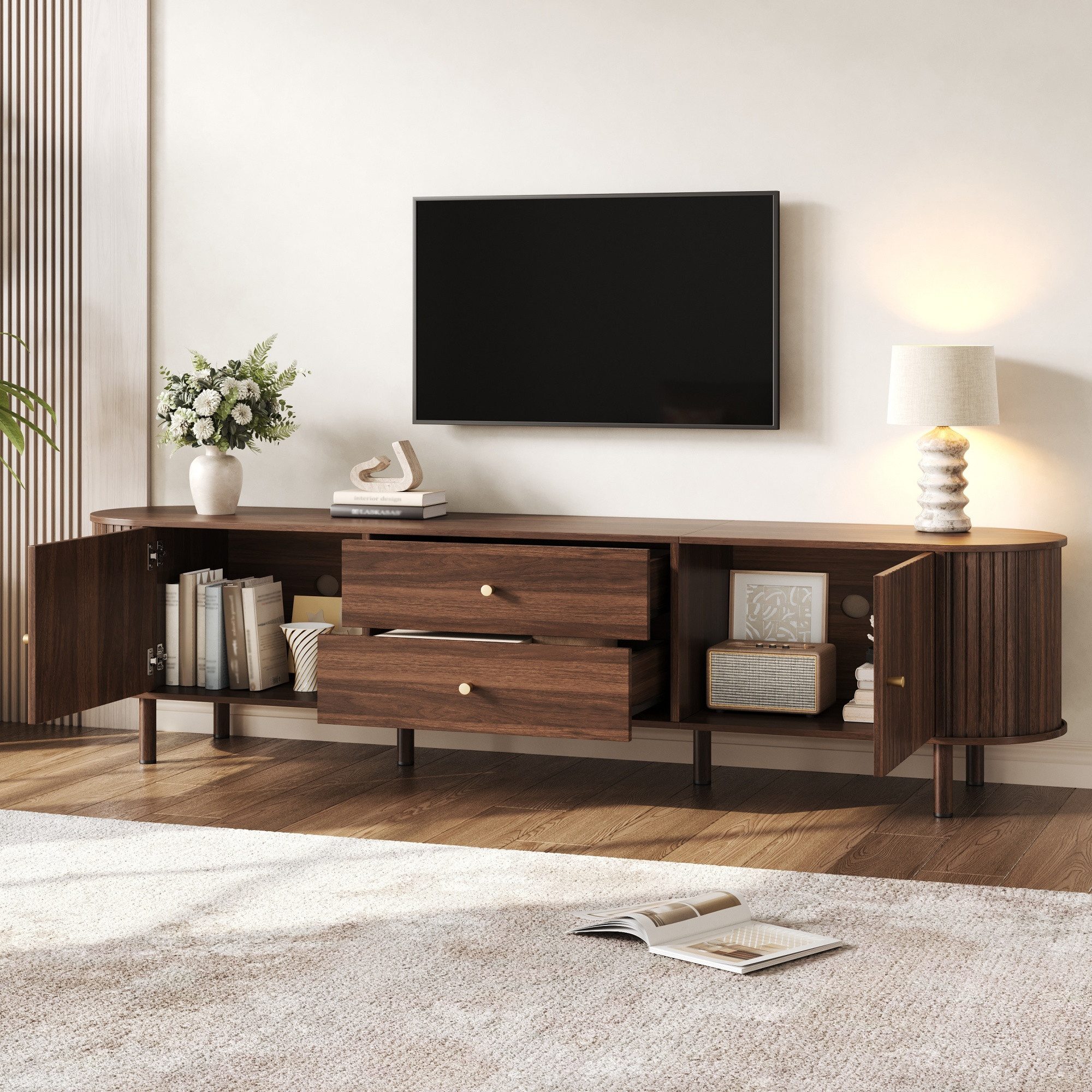 Merax Lowboard mit 2 Schiebetüren und 2 Schubladen, TV Schrank in Holzoptik (1 St), Fernsehtisch mit Kabelmanagement, 180x40x58cm