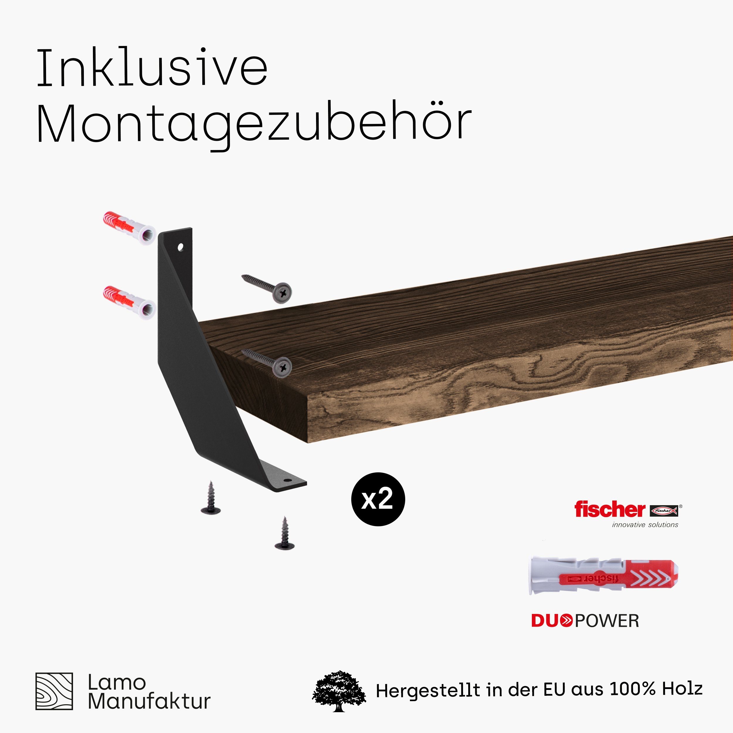 Massivholzplatte LAMO stake Wandregal 40mm Vintage, Komplett-Set, Manufaktur Schwarz