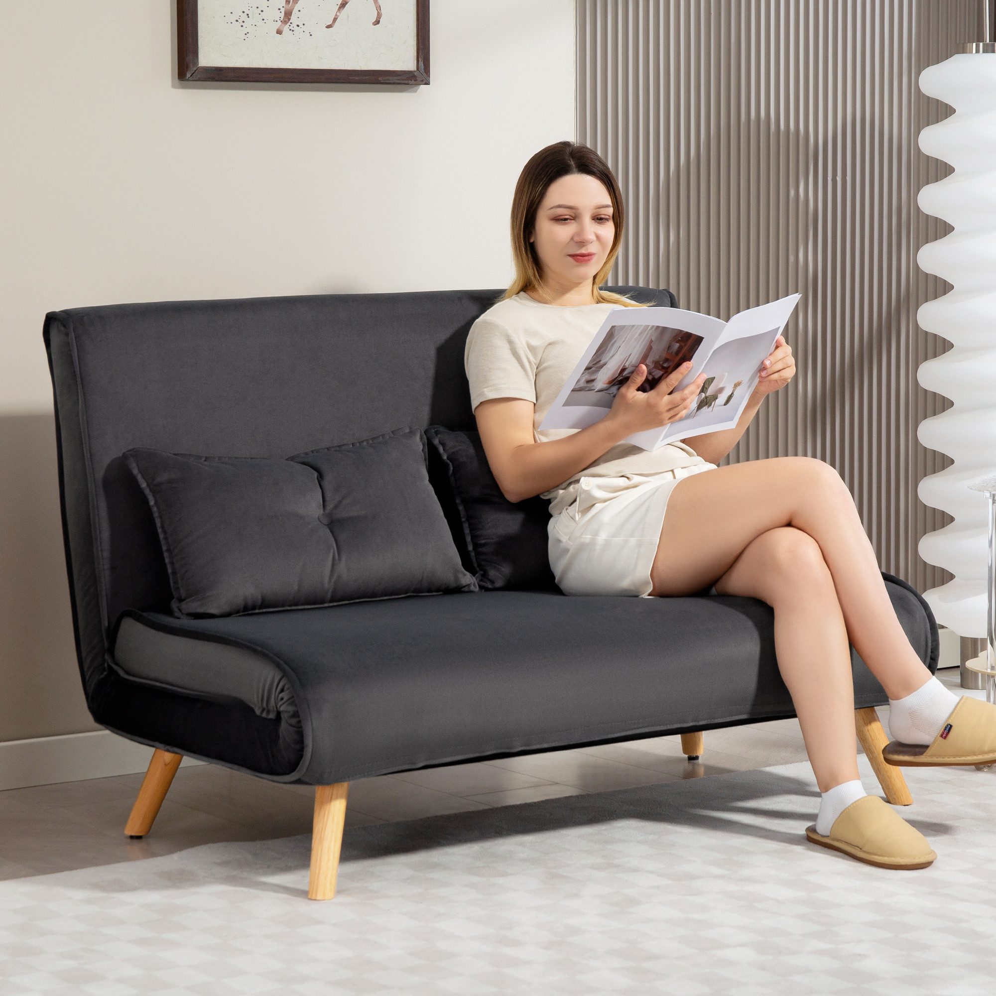 HOMCOM Schlafsofa 3 in 1 2 Sitzer mit Schlaffunktion, Klappbare Couch, Lendenkissen, Schlafcouch 1 Teile, 190 x 120 cm, für Wohnzimmer, Dunkelgrau